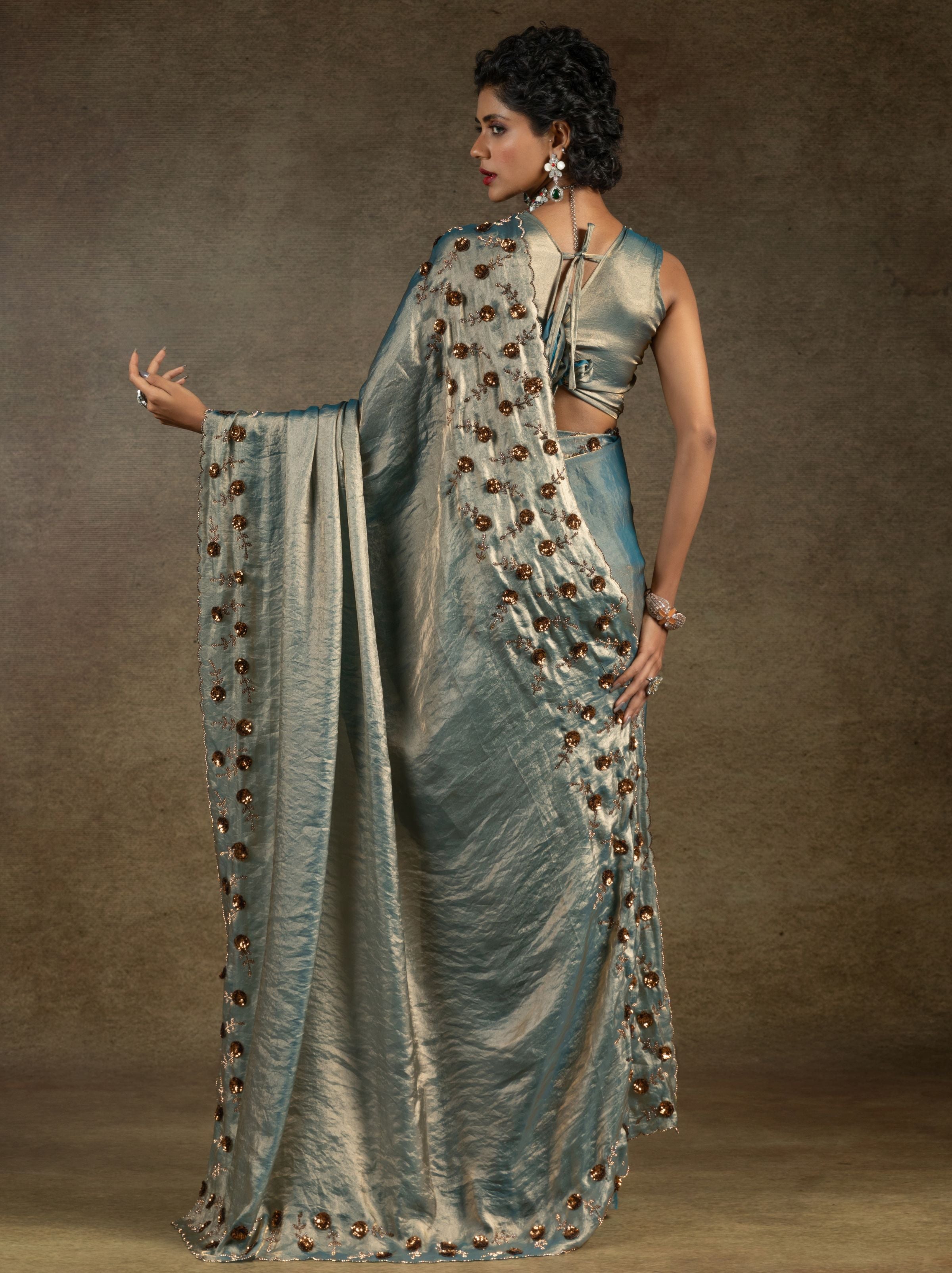 Air Force Blue Satin Silk Party Saree With Blouse Piece - TrendOye