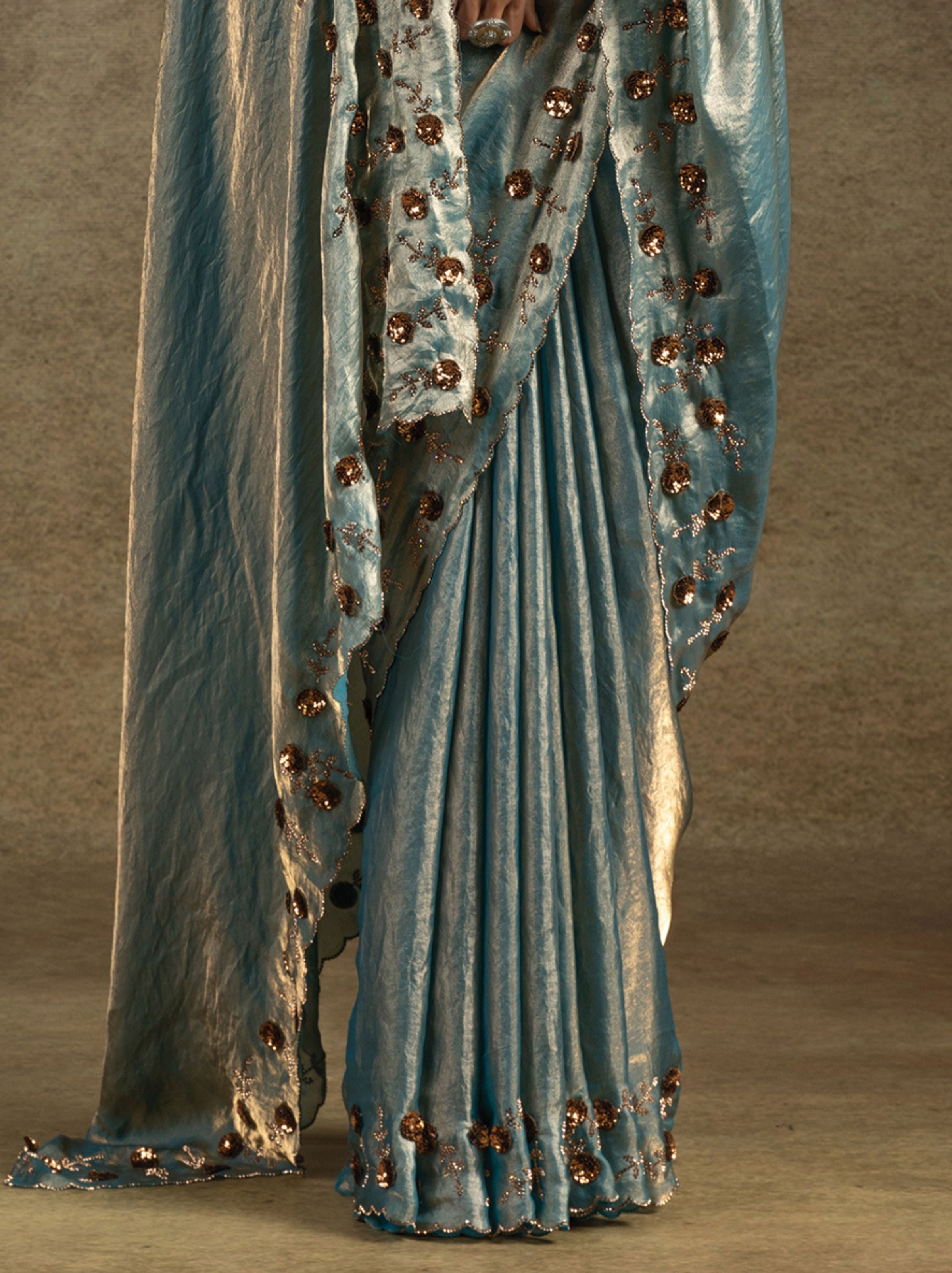 Air Force Blue Satin Silk Party Saree With Blouse Piece - TrendOye