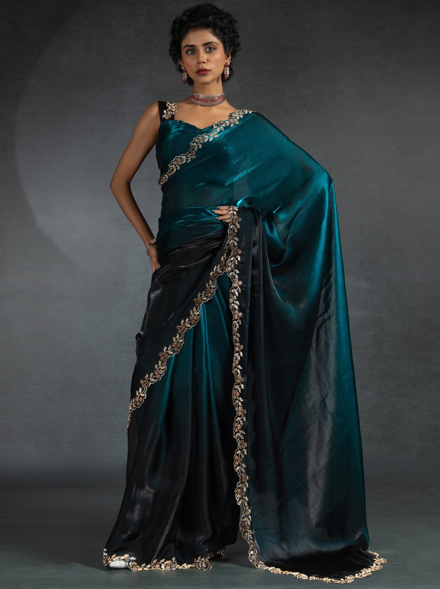 Prussian Blue Satin Silk Party Saree With Blouse Piece - TrendOye