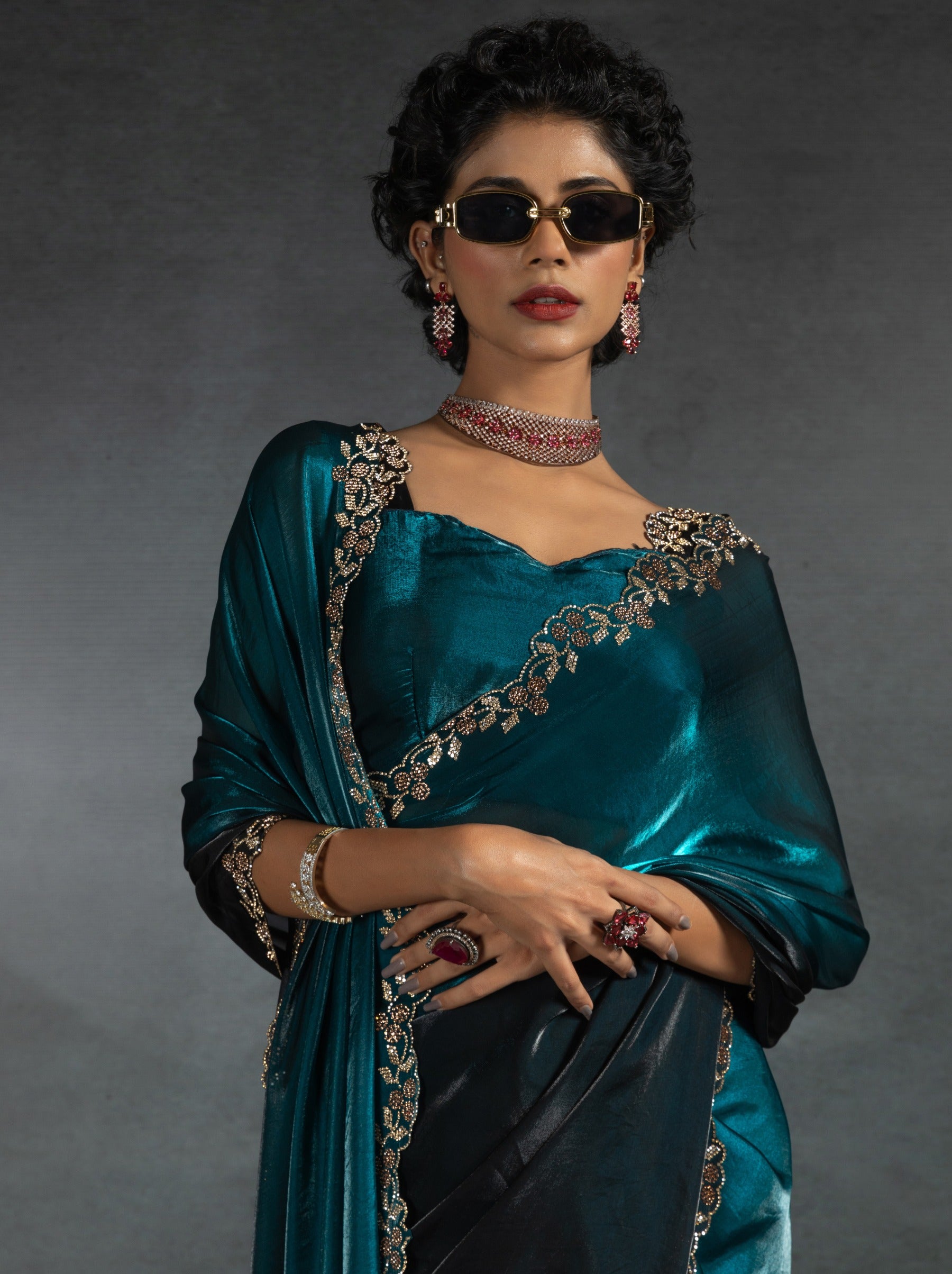 Prussian Blue Satin Silk Party Saree With Blouse Piece - TrendOye