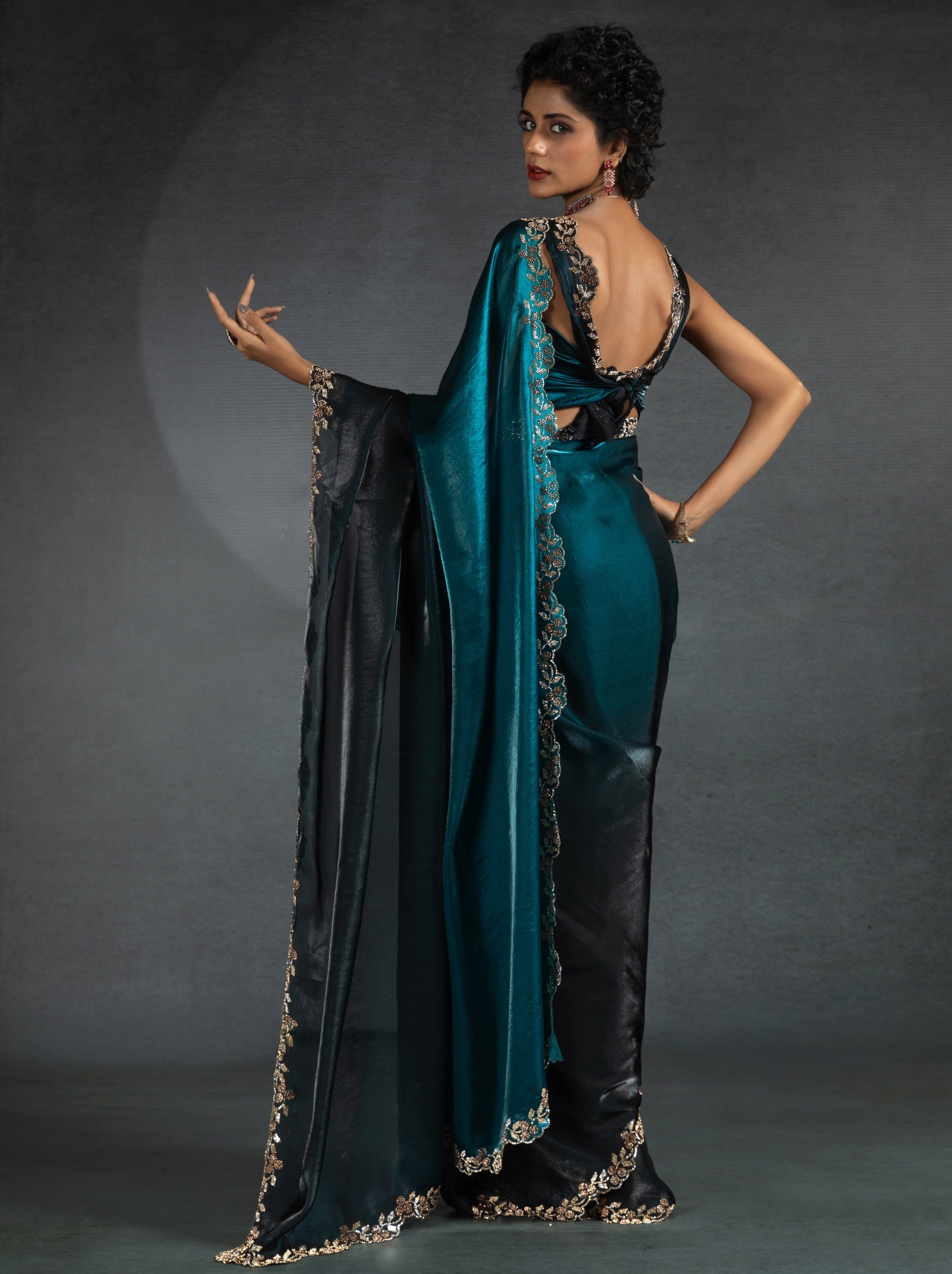 Prussian Blue Satin Silk Party Saree With Blouse Piece - TrendOye