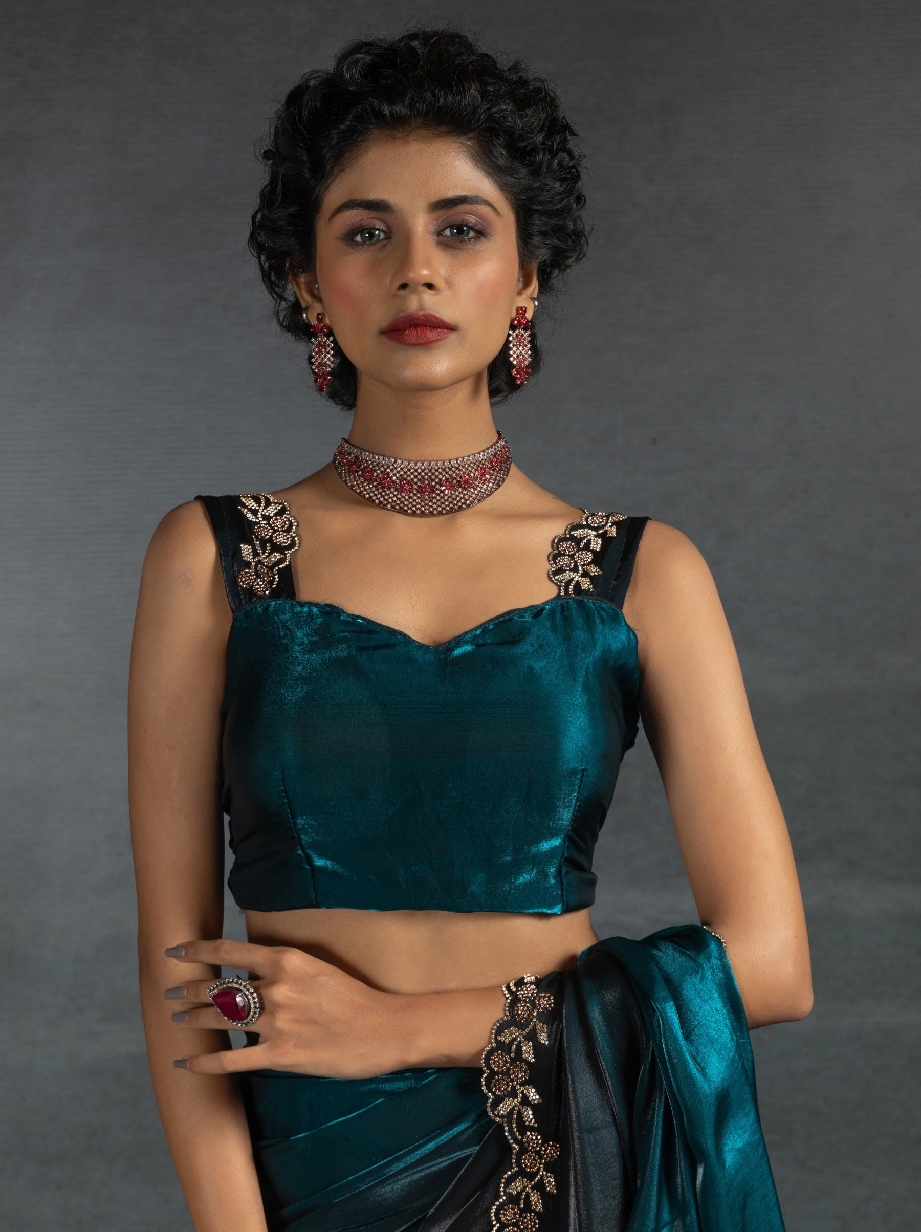 Prussian Blue Satin Silk Party Saree With Blouse Piece - TrendOye