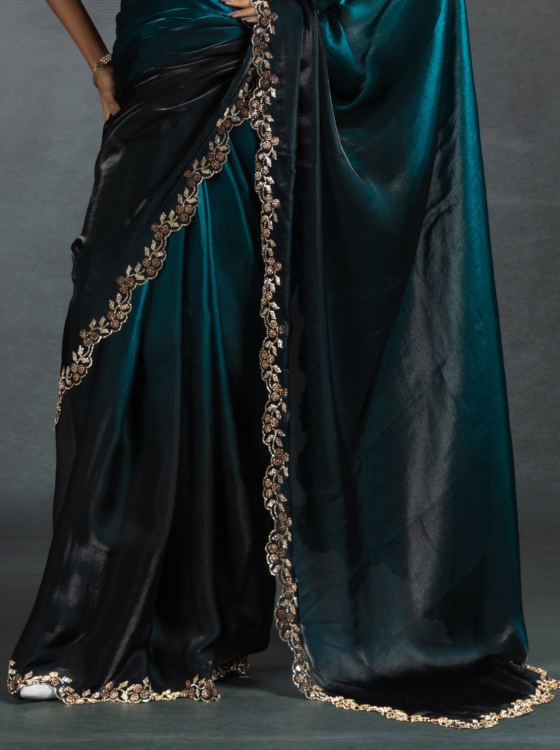 Prussian Blue Satin Silk Party Saree With Blouse Piece - TrendOye