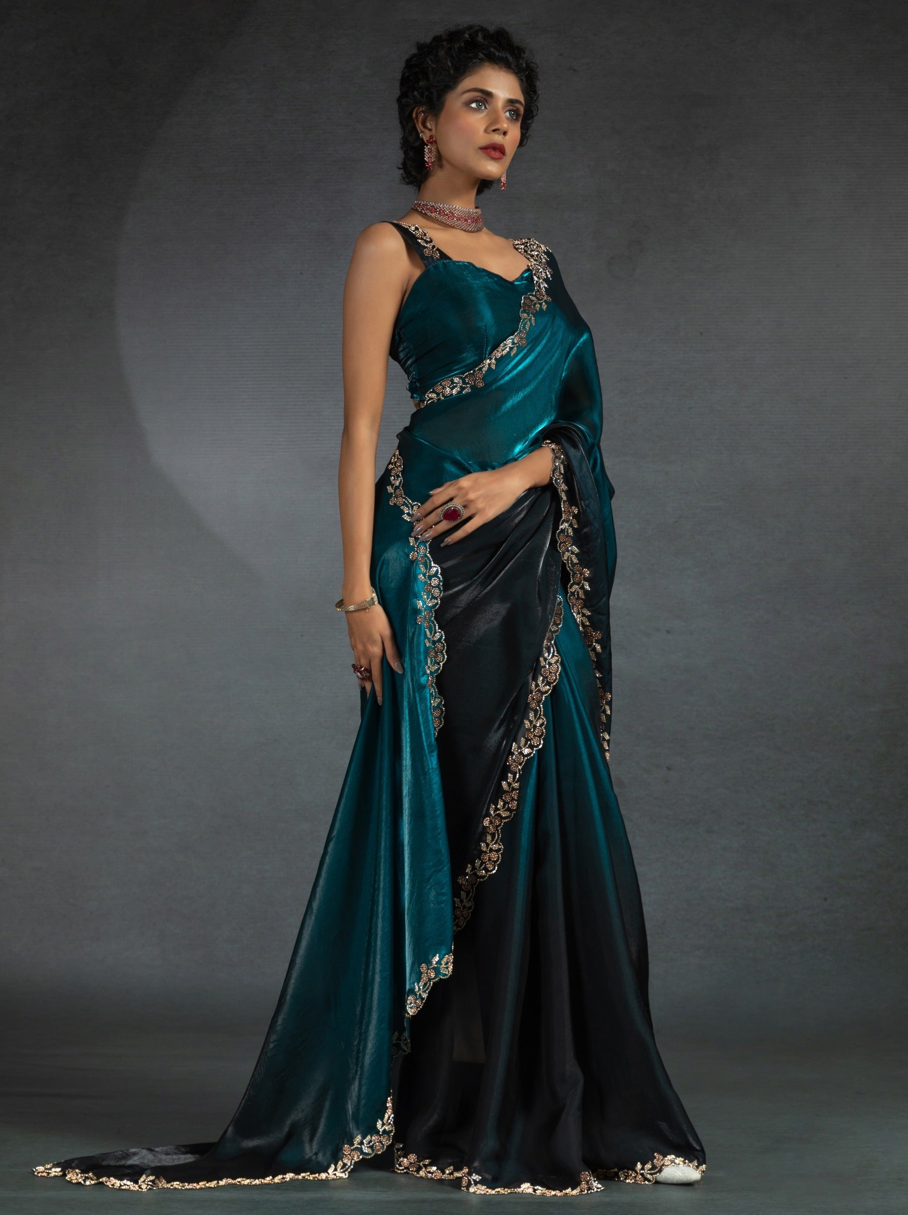 Prussian Blue Satin Silk Party Saree With Blouse Piece - TrendOye