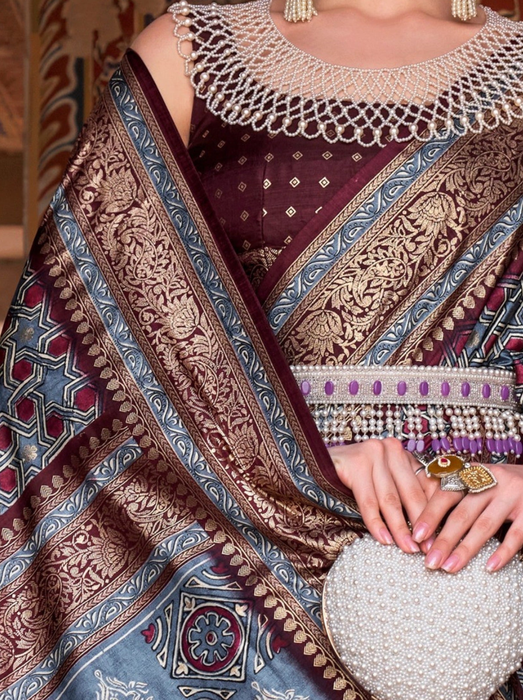 Pigeon Blue Premium Patola Celebration Saree - TrendOye