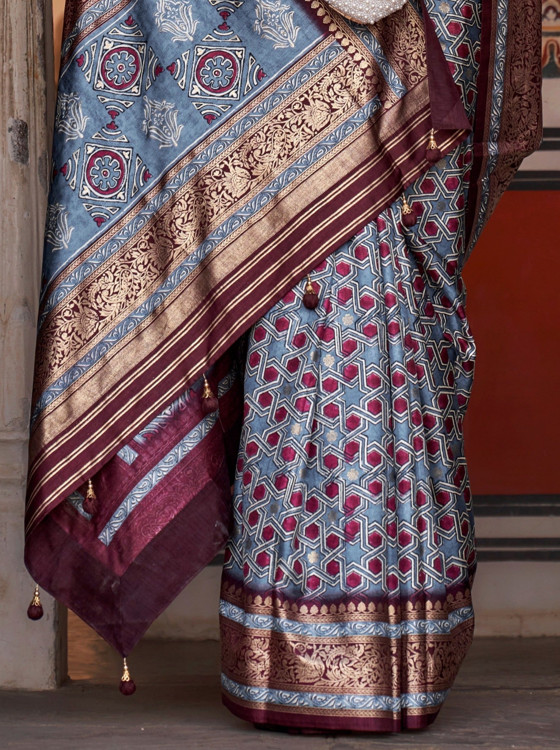 Pigeon Blue Premium Patola Celebration Saree - TrendOye
