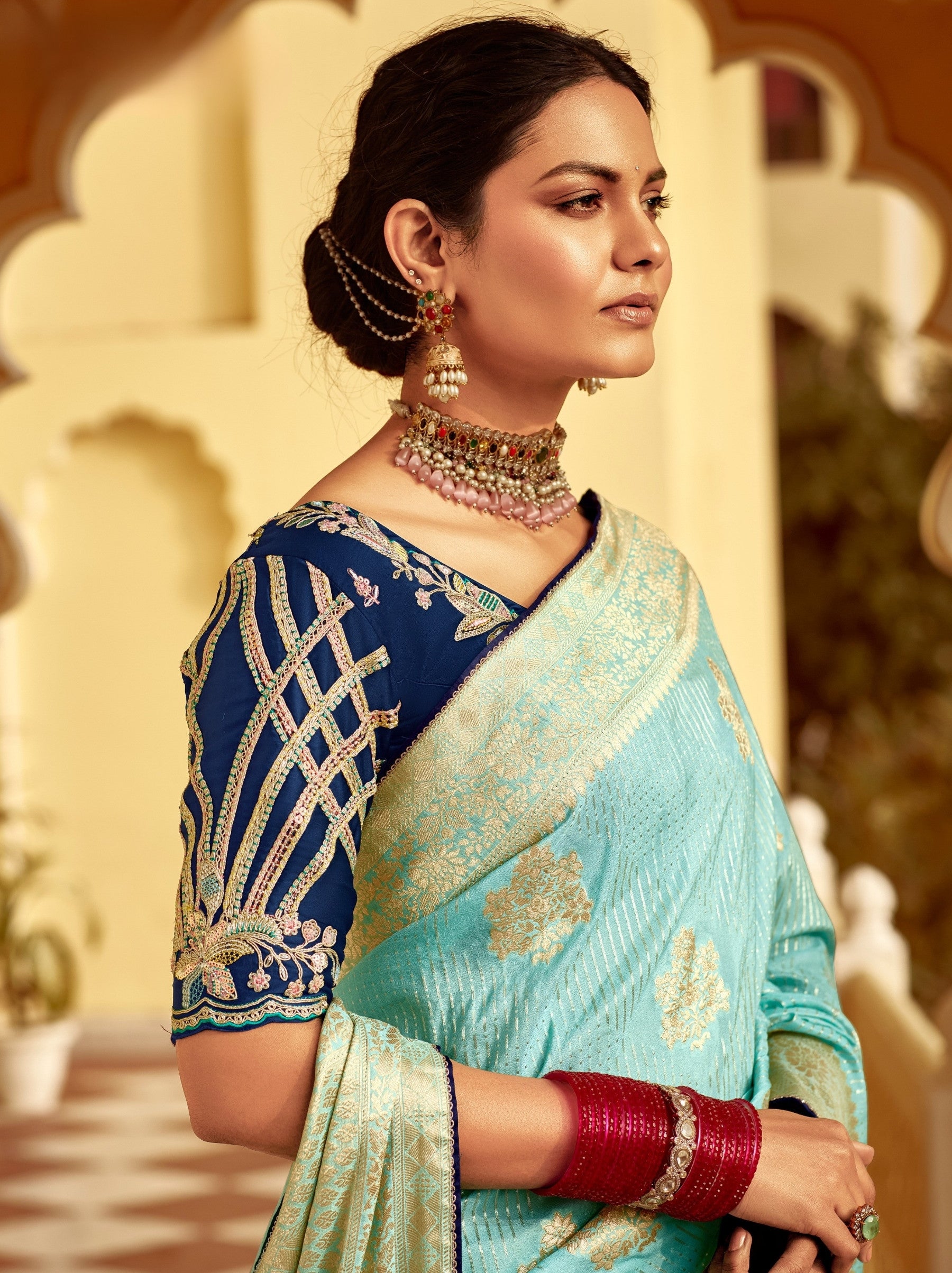 Baby Blue Designer Dola Silk Wedding Saree - TrendOye