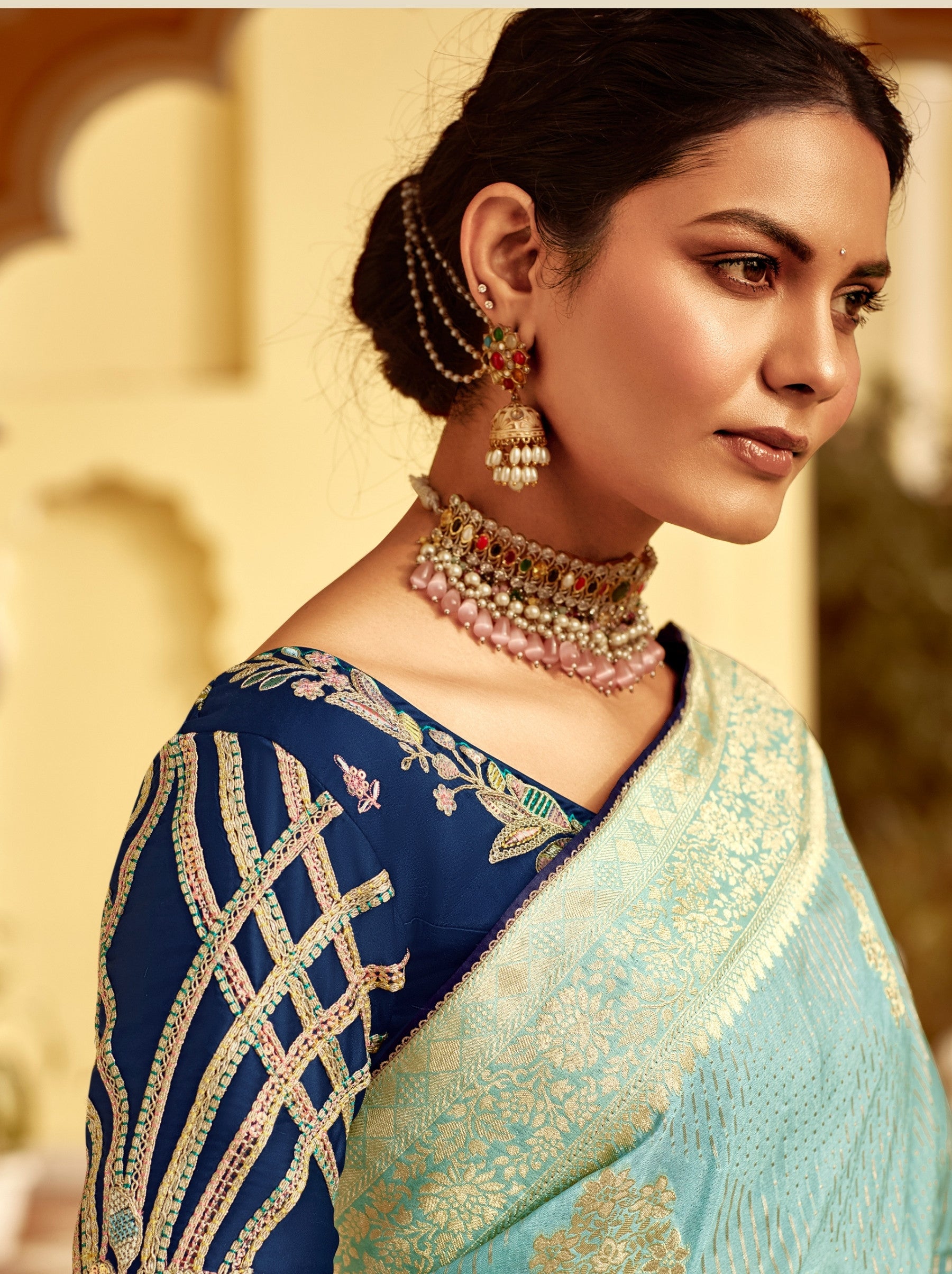 Baby Blue Designer Dola Silk Wedding Saree - TrendOye