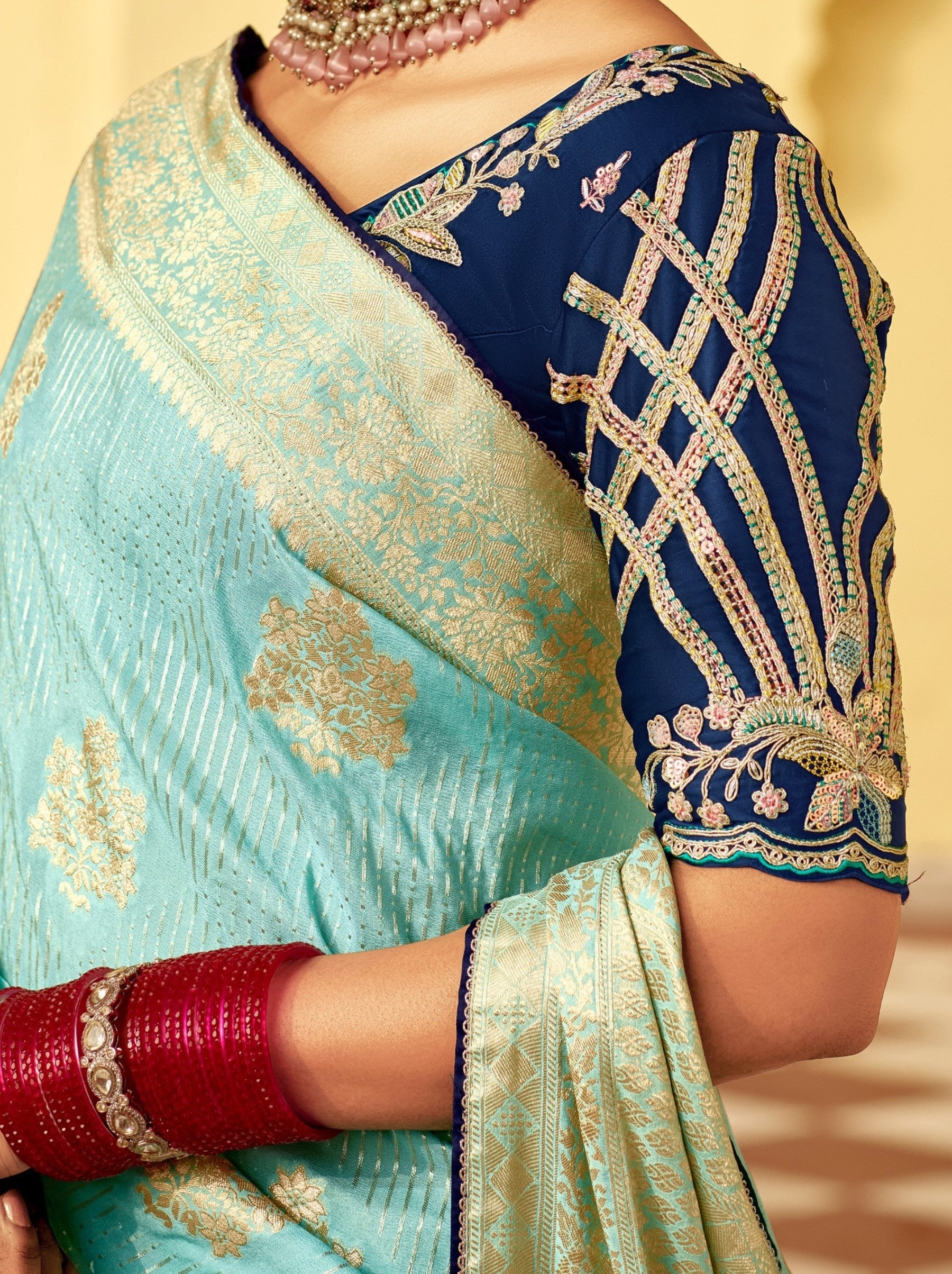 Baby Blue Designer Dola Silk Wedding Saree - TrendOye