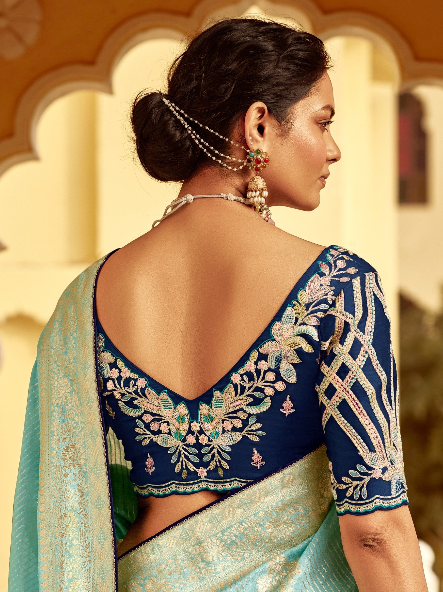 Baby Blue Designer Dola Silk Wedding Saree - TrendOye