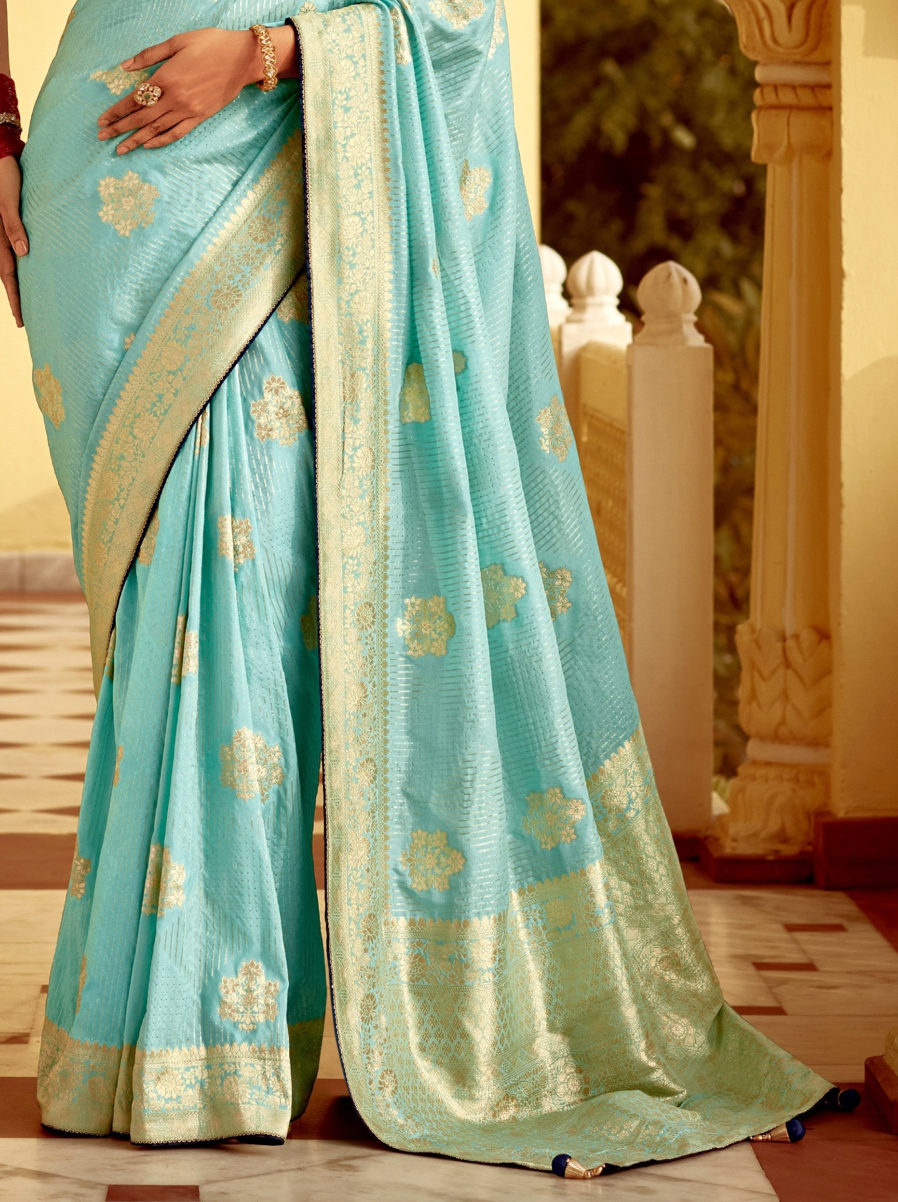 Baby Blue Designer Dola Silk Wedding Saree - TrendOye