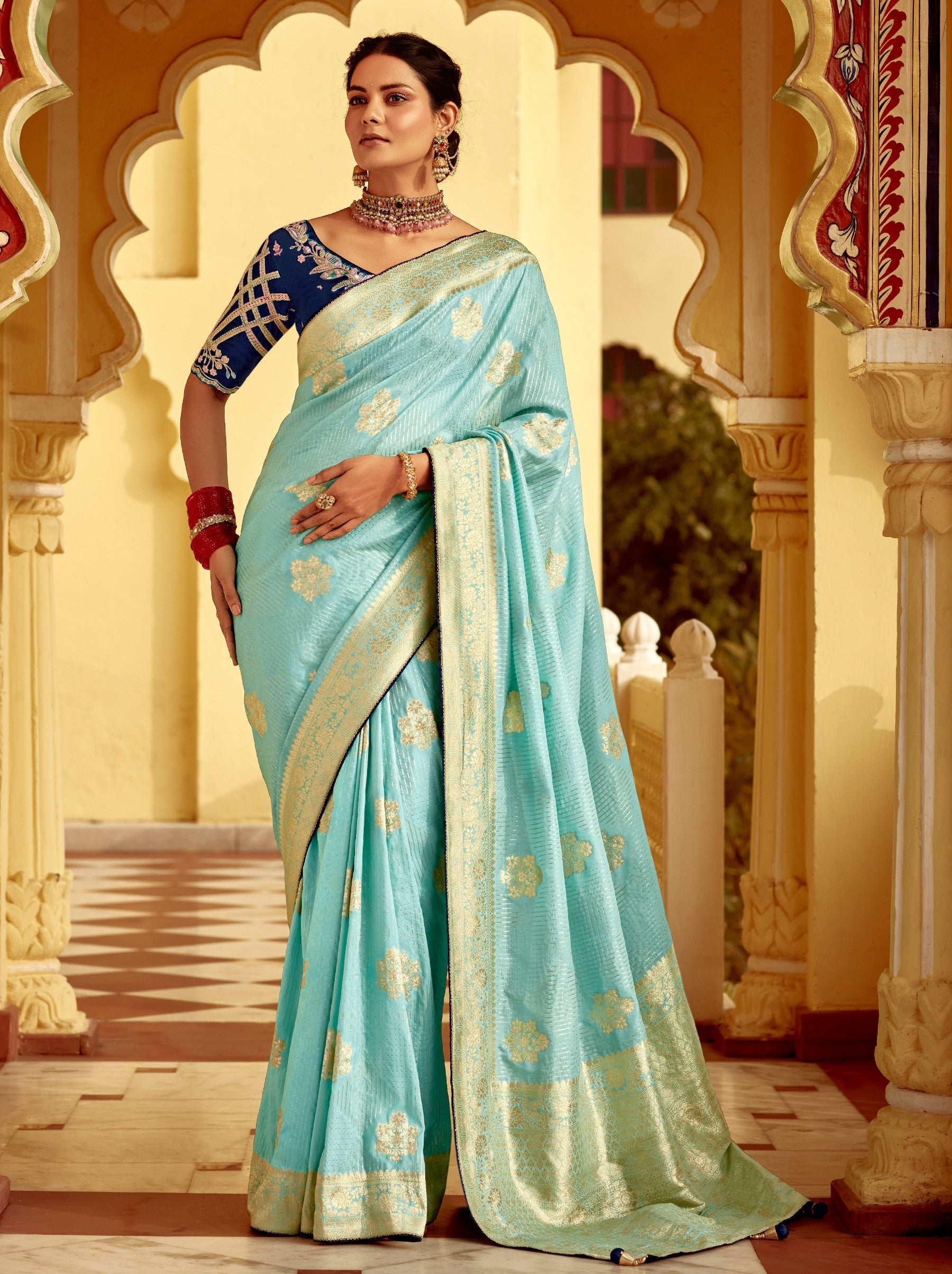 Baby Blue Designer Dola Silk Wedding Saree - TrendOye