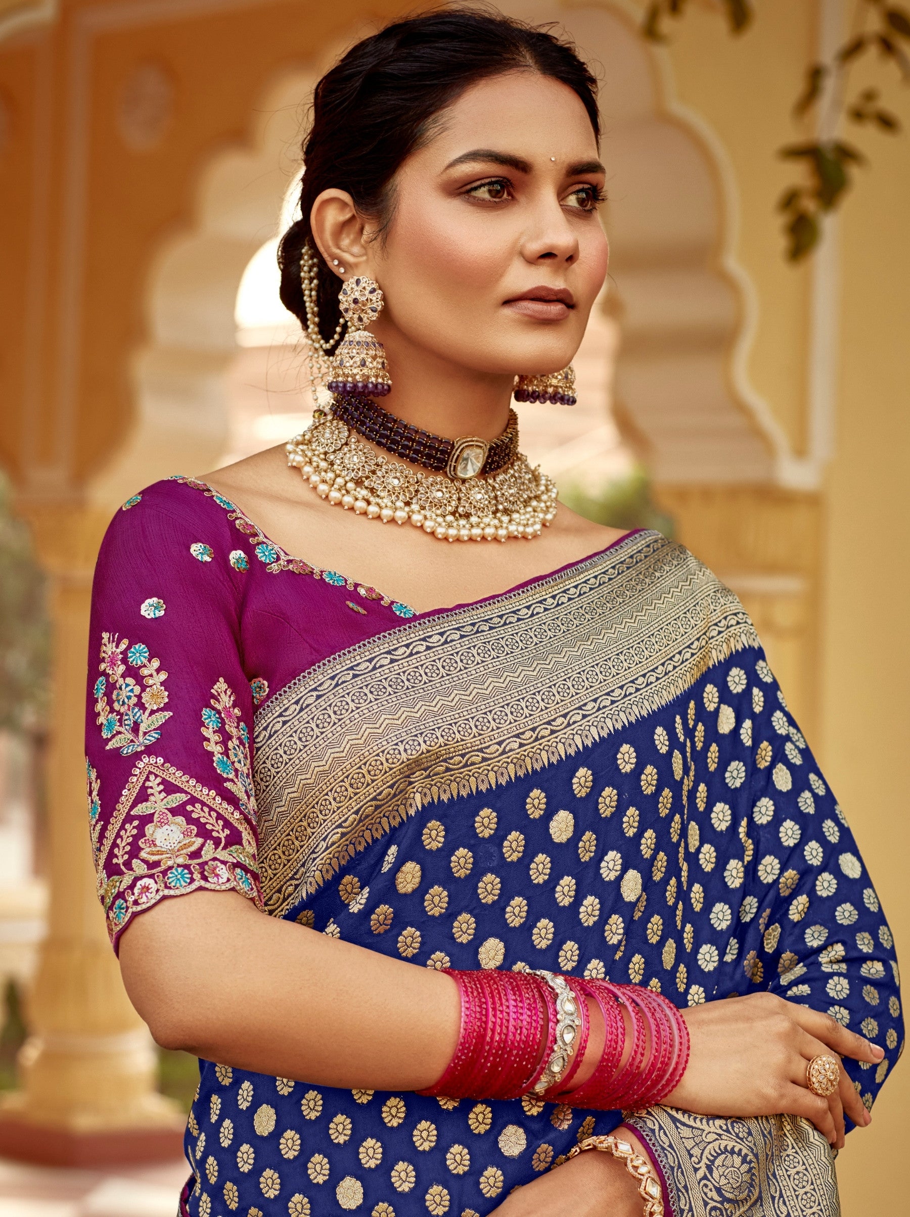 Navy Blue Designer Dola Silk Wedding Saree - TrendOye