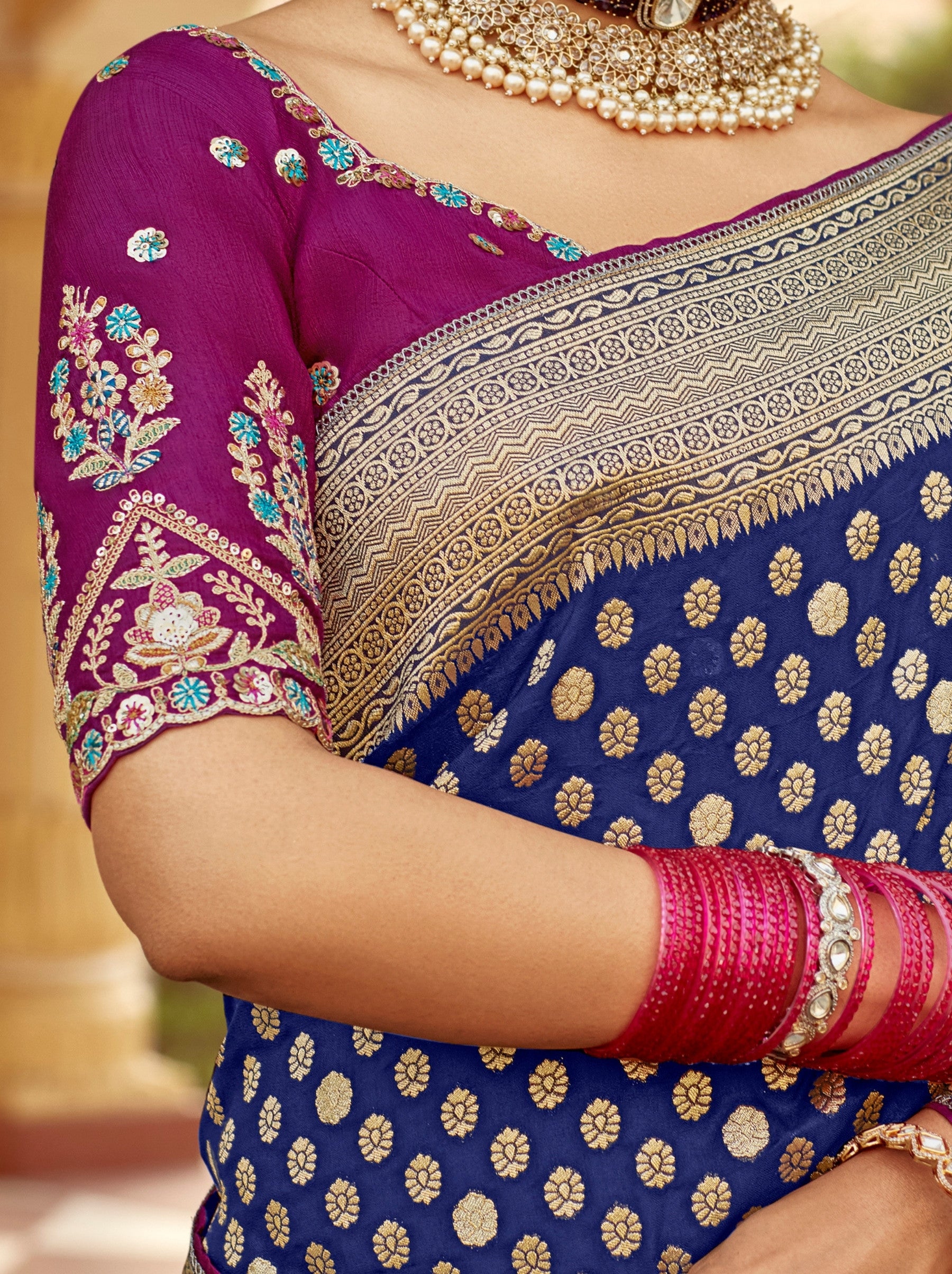Navy Blue Designer Dola Silk Wedding Saree - TrendOye