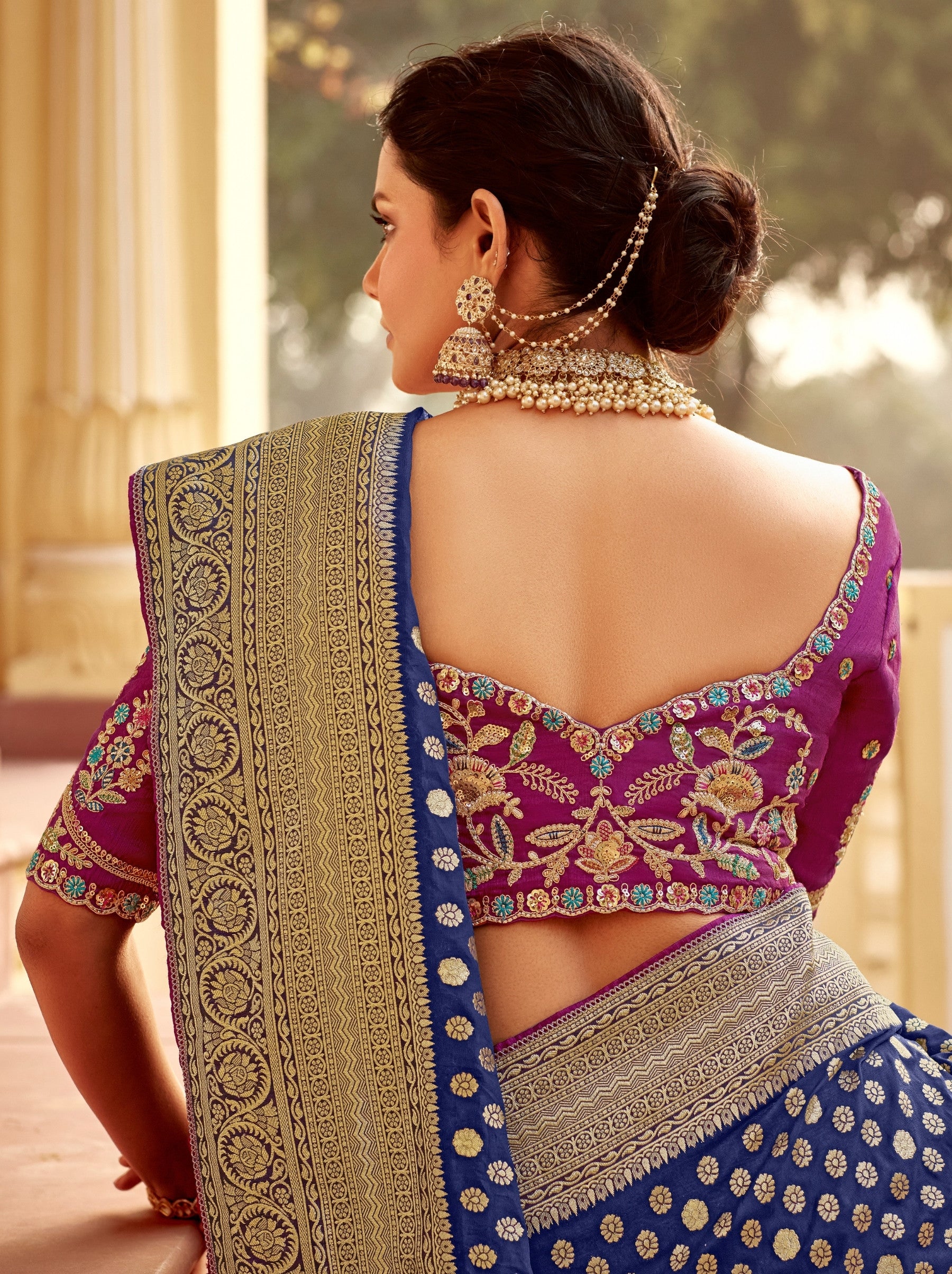 Navy Blue Designer Dola Silk Wedding Saree - TrendOye