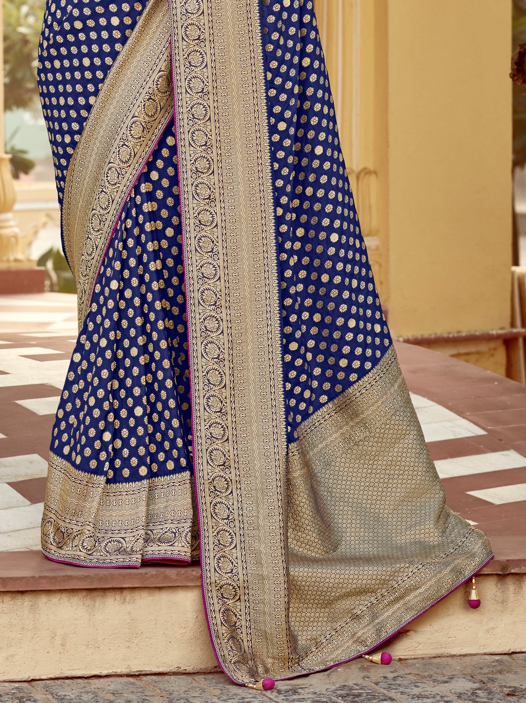 Navy Blue Designer Dola Silk Wedding Saree - TrendOye