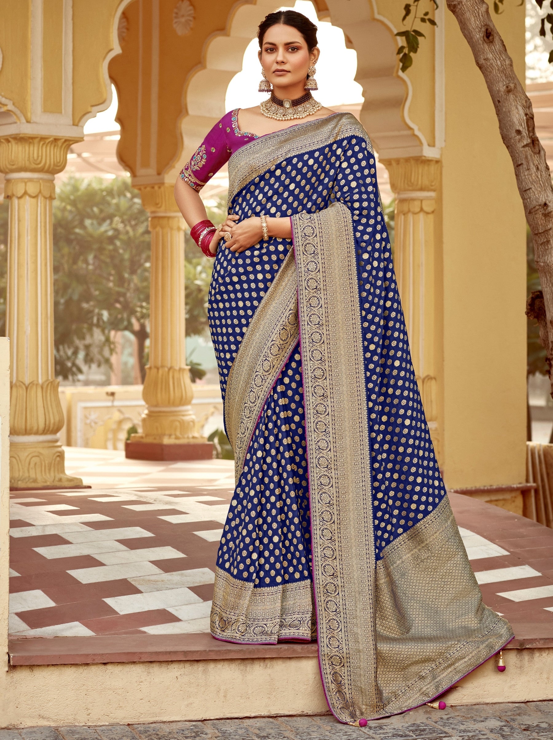 Navy Blue Designer Dola Silk Wedding Saree - TrendOye