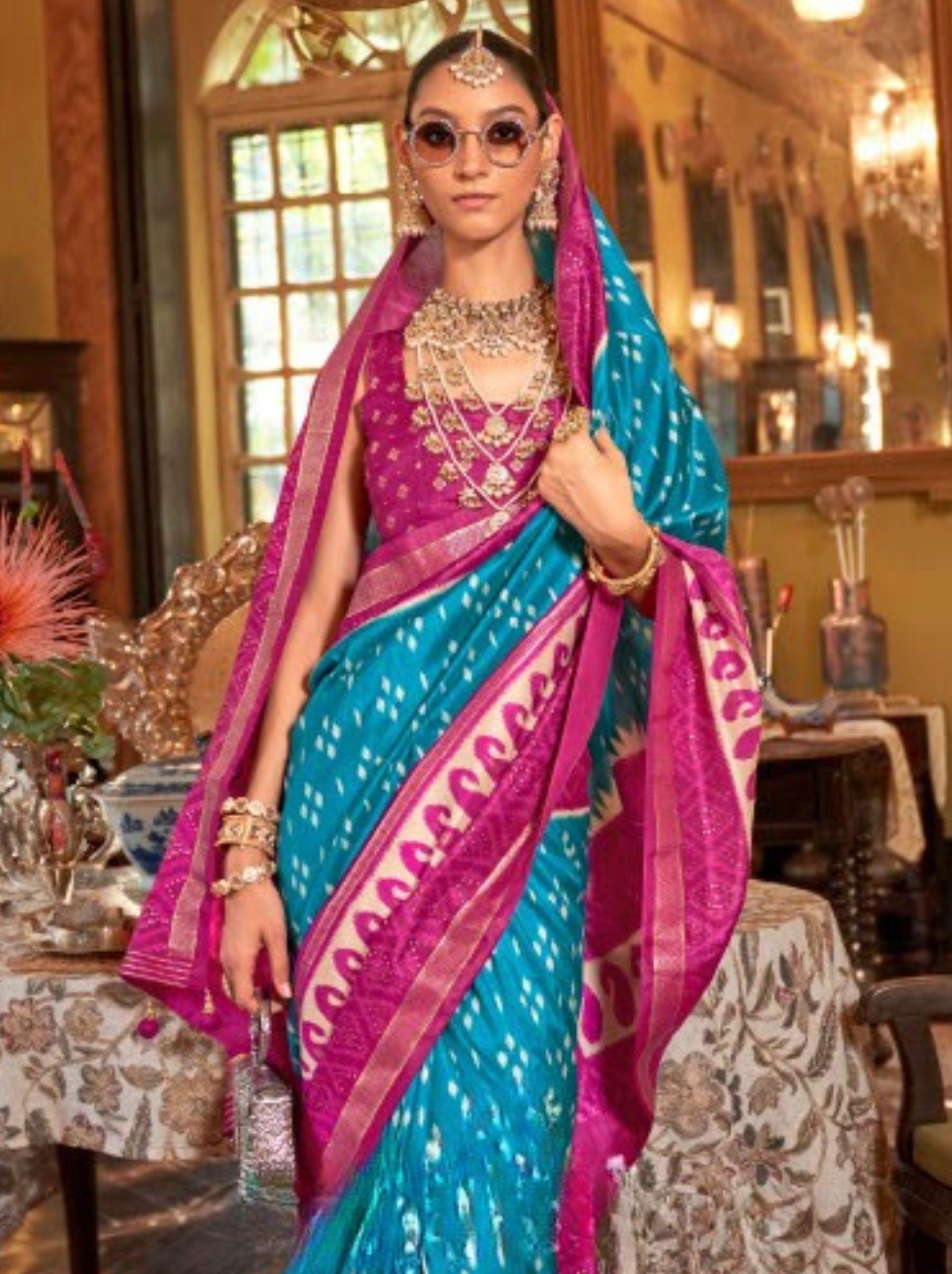 Azure Blue Vibrant Patola Silk Festive Saree - TrendOye