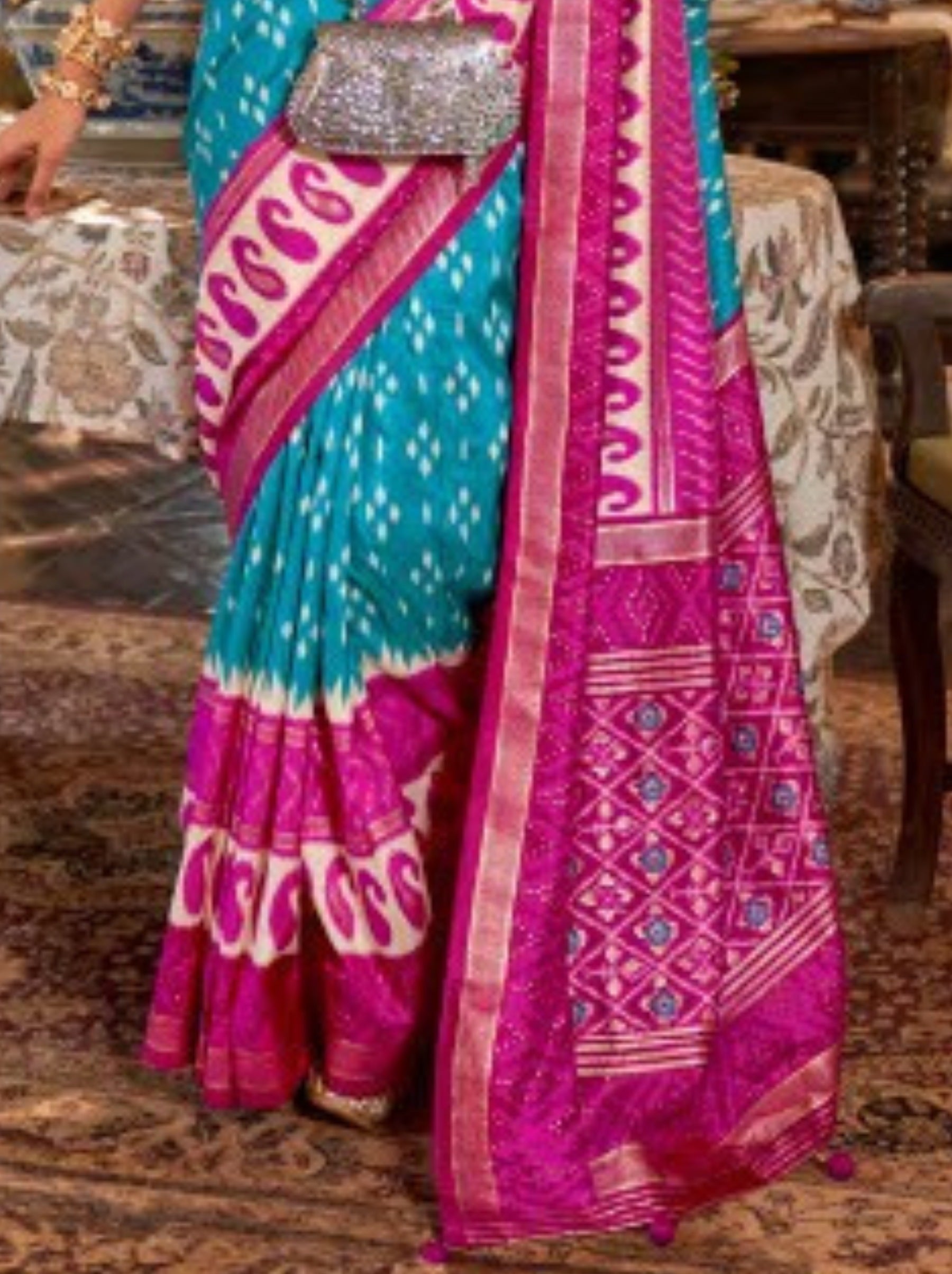 Azure Blue Vibrant Patola Silk Festive Saree - TrendOye