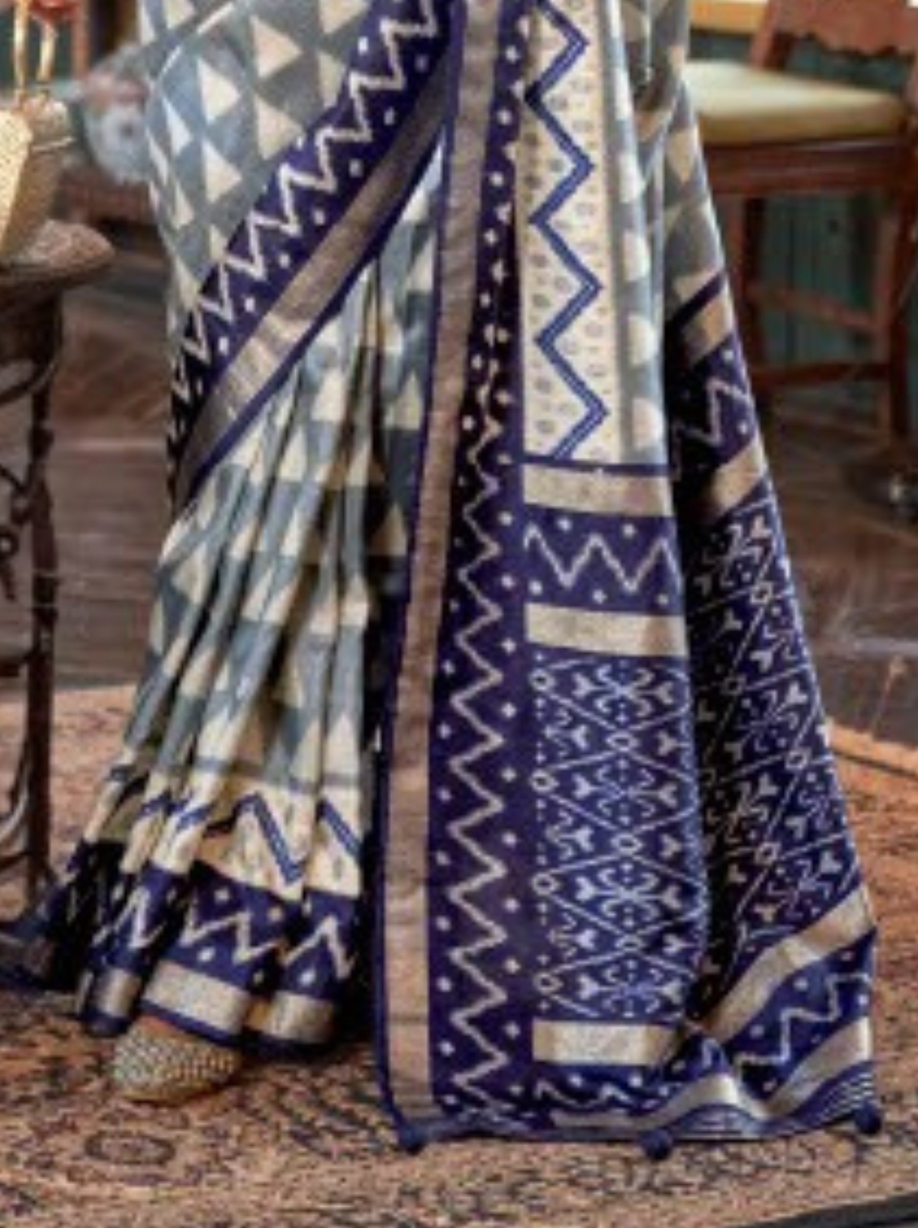 Pigeon Blue Vibrant Patola Silk Festive Saree - TrendOye