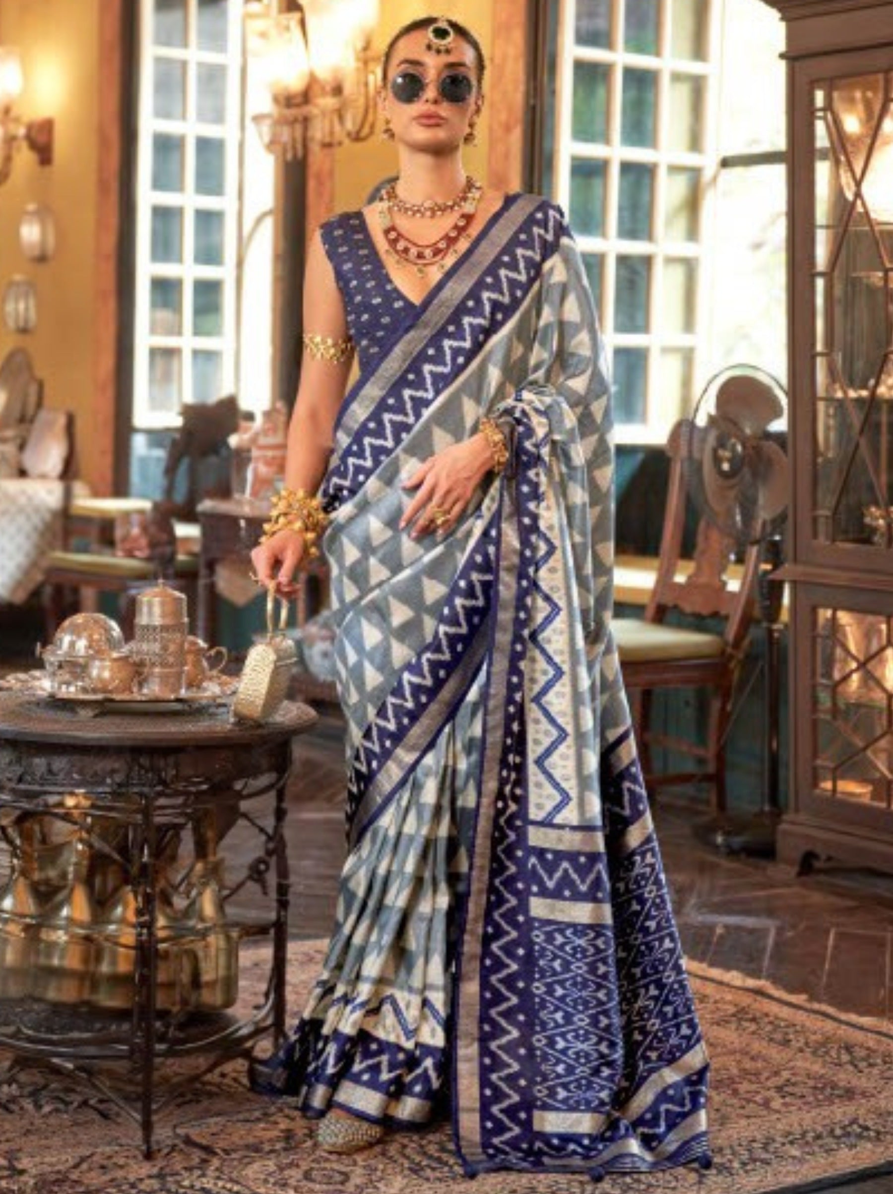Pigeon Blue Vibrant Patola Silk Festive Saree - TrendOye