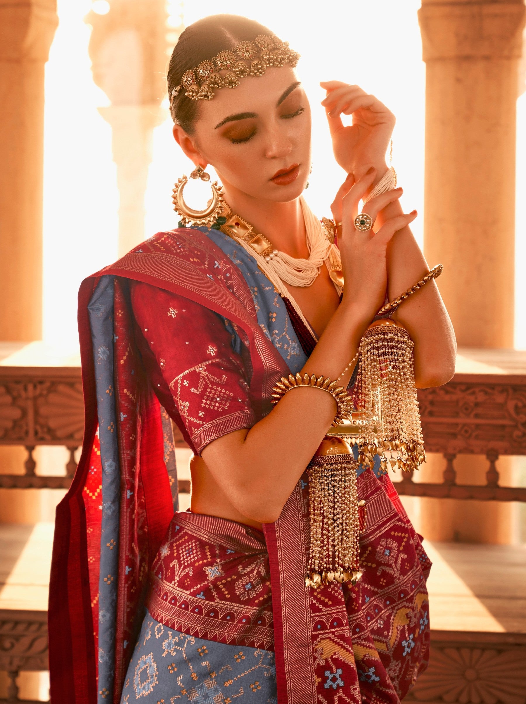 Pigeon Blue Premium Patola Festive Saree - TrendOye