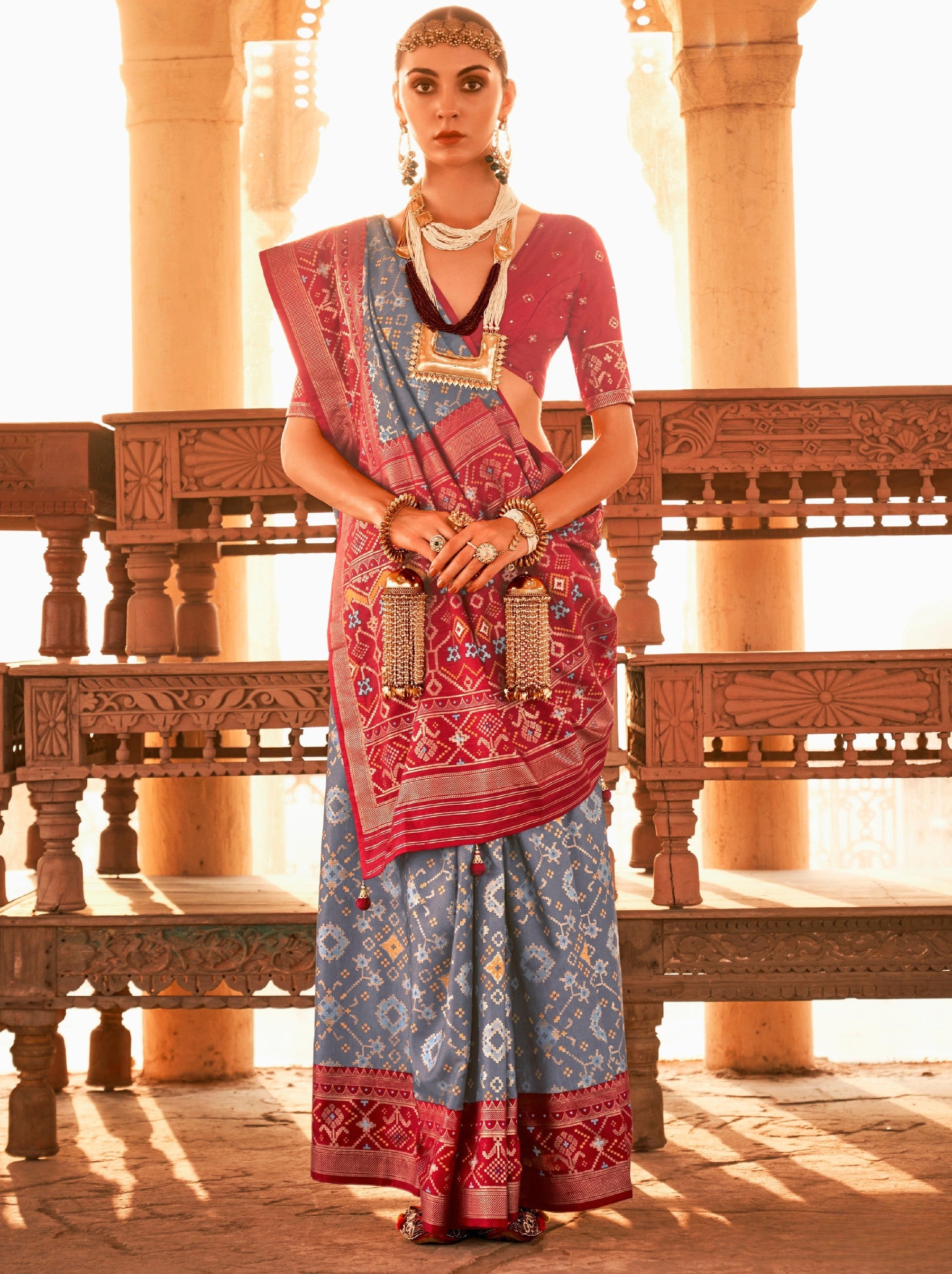 Pigeon Blue Premium Patola Festive Saree - TrendOye
