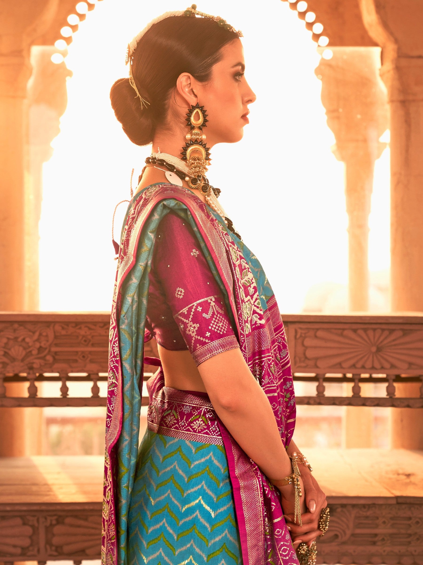 Teal Blue Premium Patola Festive Saree - TrendOye