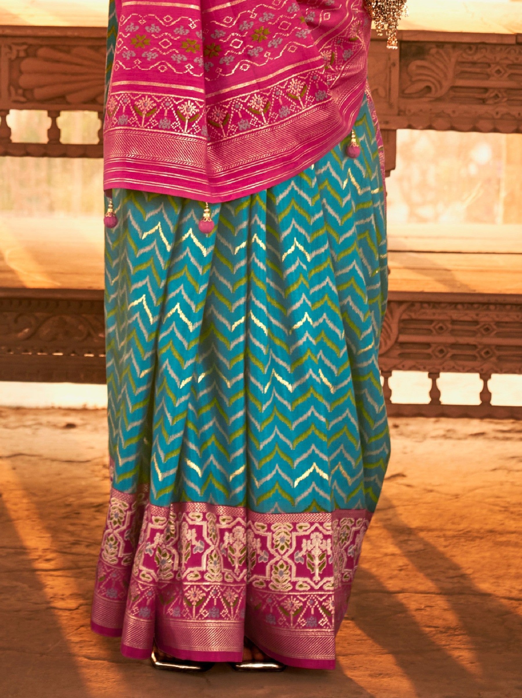 Teal Blue Premium Patola Festive Saree - TrendOye