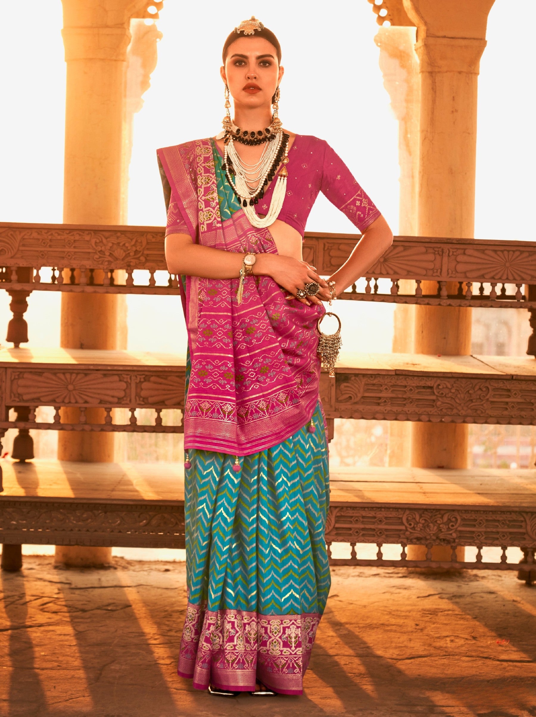 Teal Blue Premium Patola Festive Saree - TrendOye