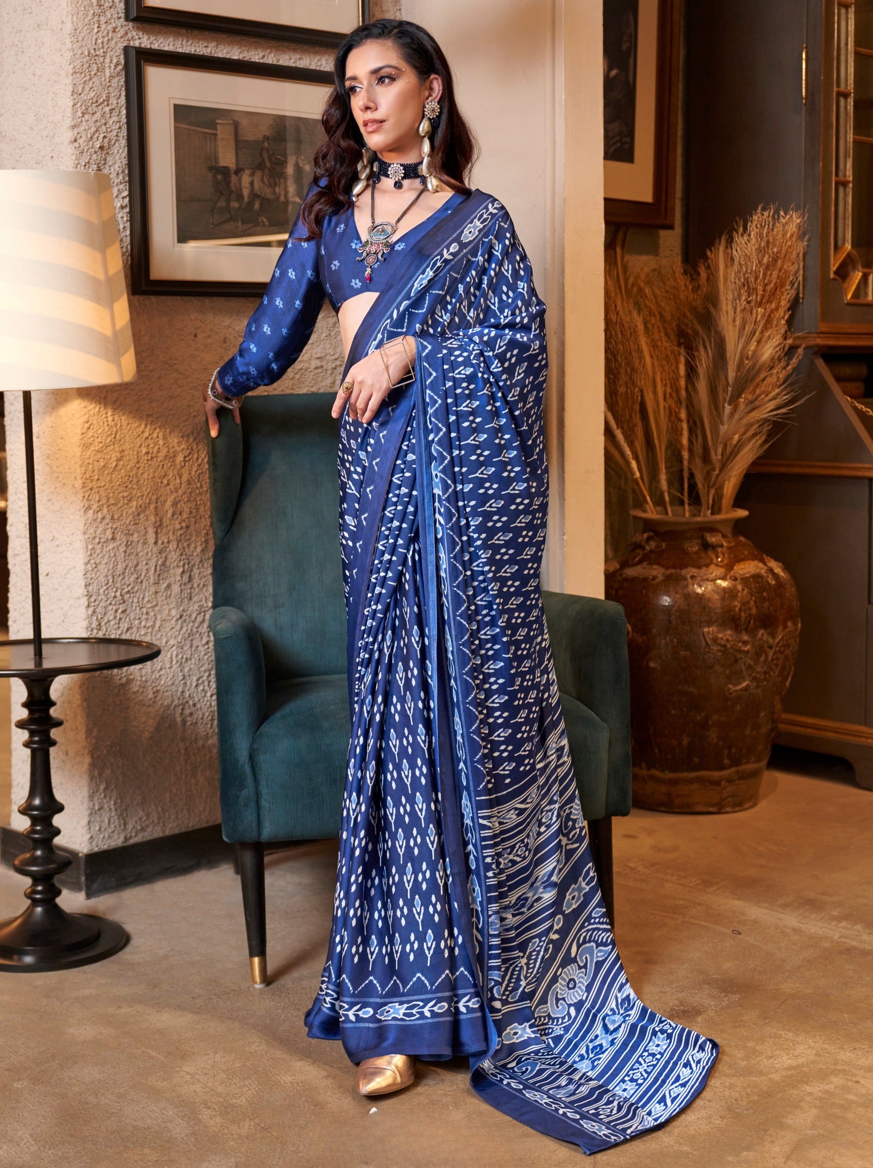 Sapphire Blue Satin Crepe Patola Party Saree - TrendOye