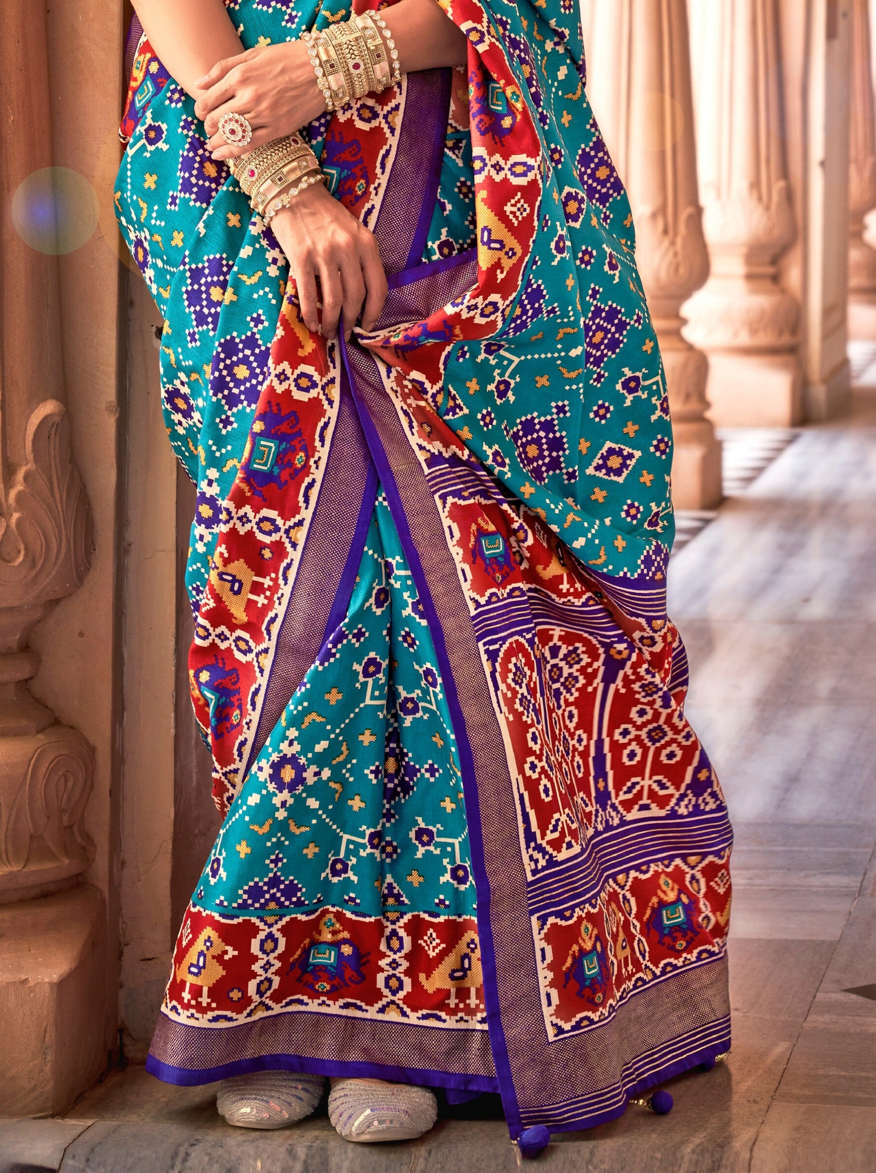 Olympic Blue Patola Festive Saree - TrendOye