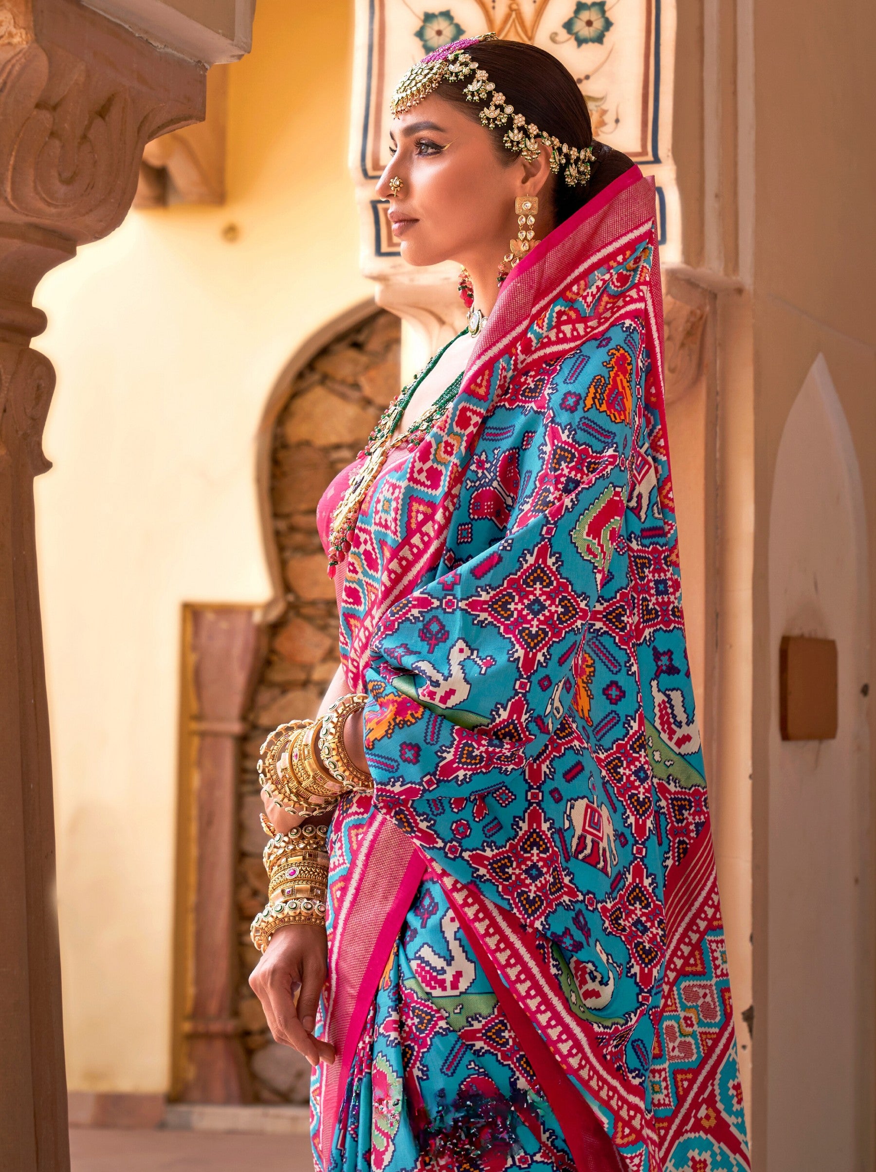 Azure Blue Patola Festive Saree - TrendOye