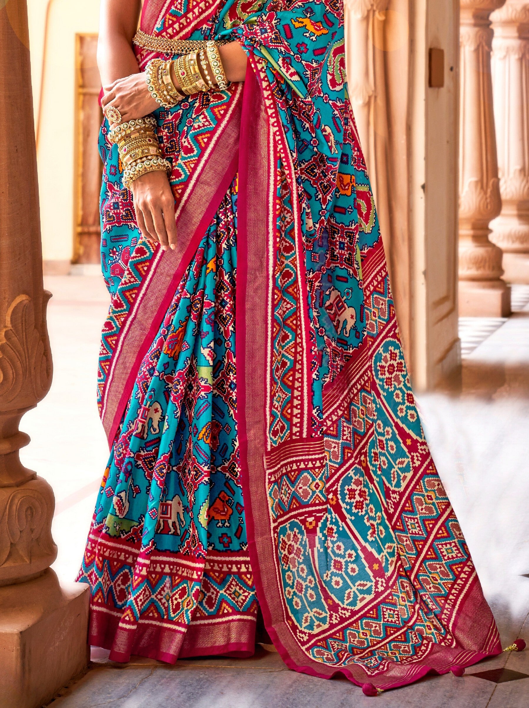 Azure Blue Patola Festive Saree - TrendOye
