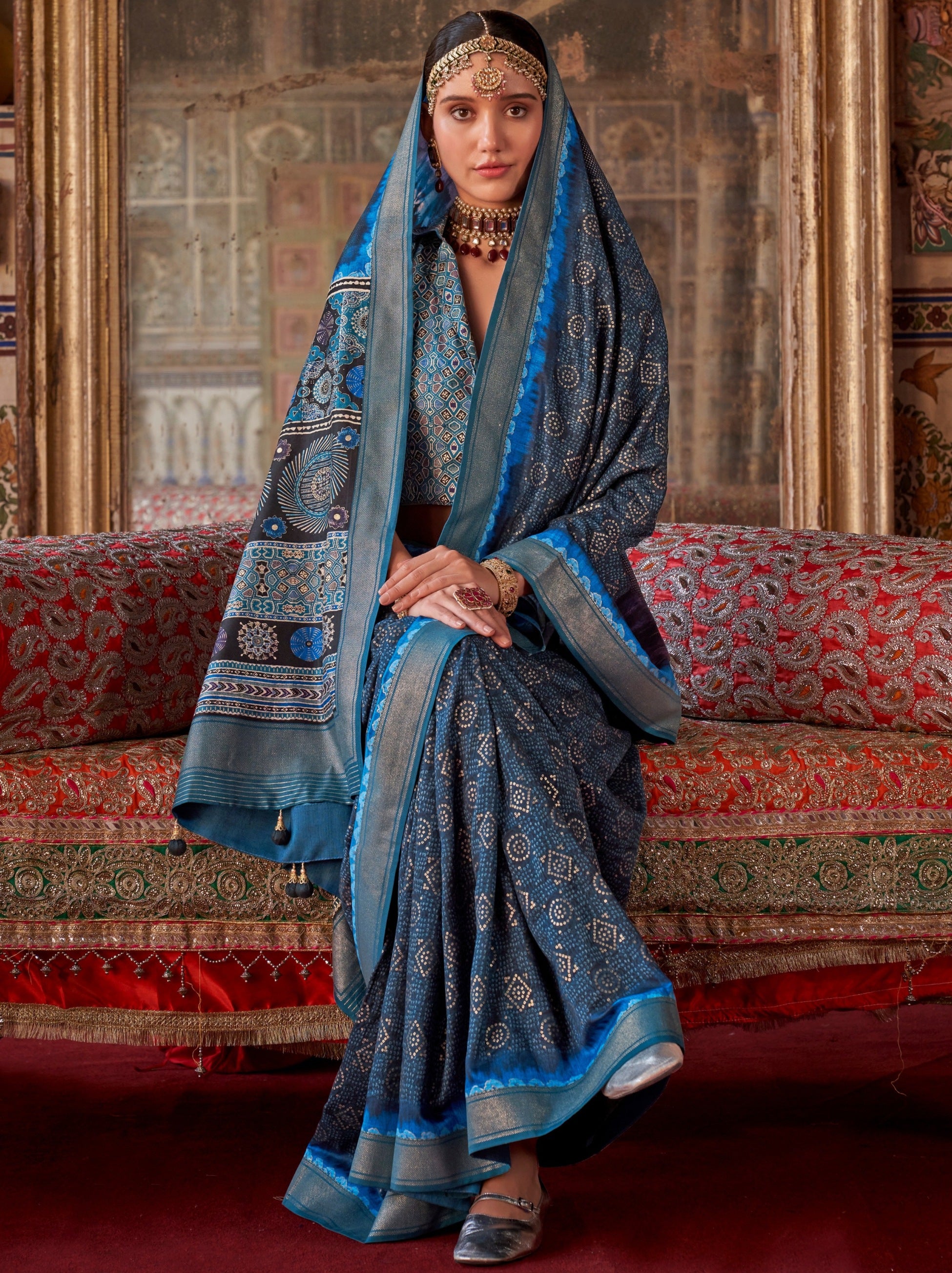 Yale Blue Fancy Silk Celebration Saree - TrendOye