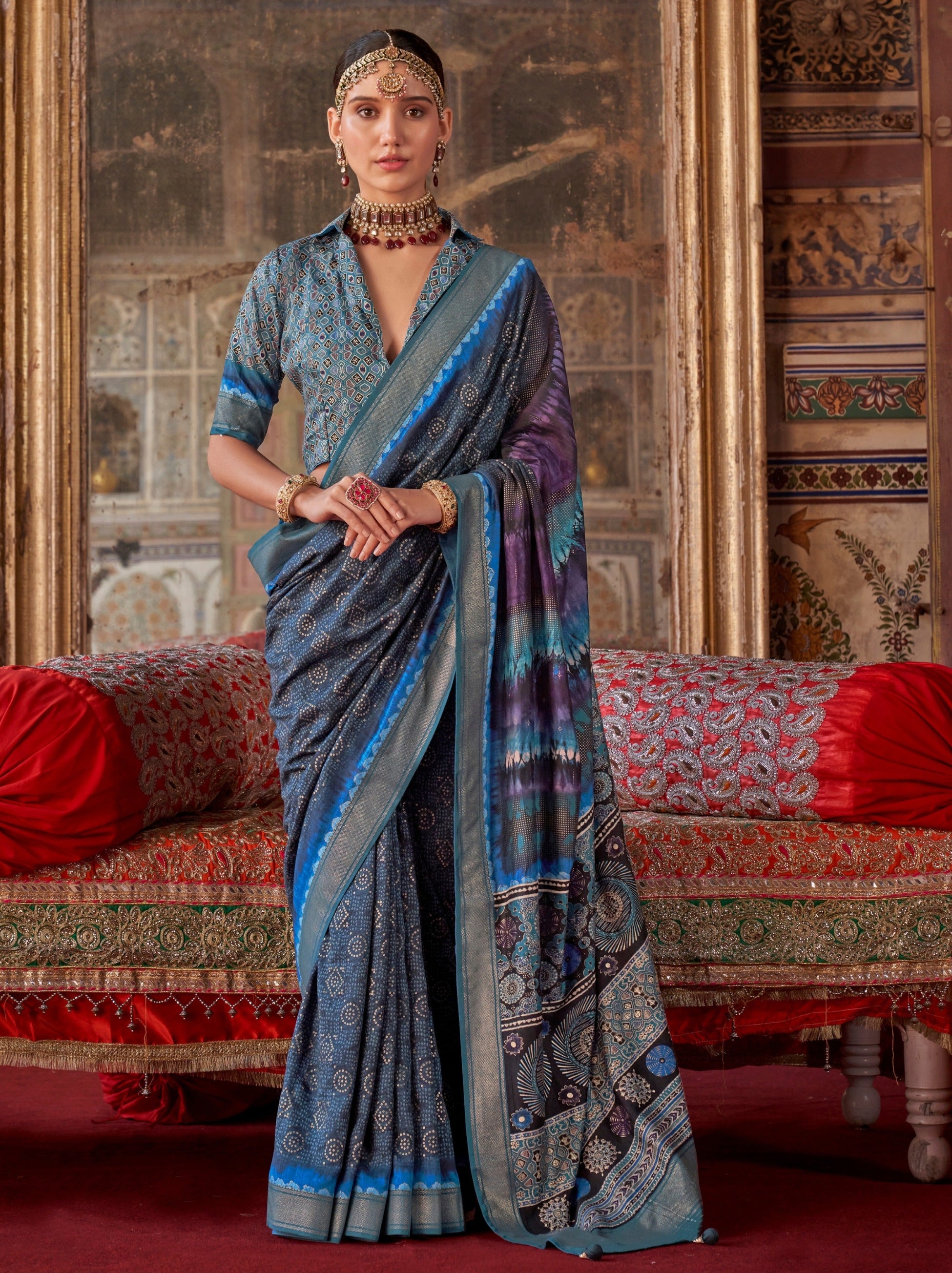 Yale Blue Fancy Silk Celebration Saree - TrendOye