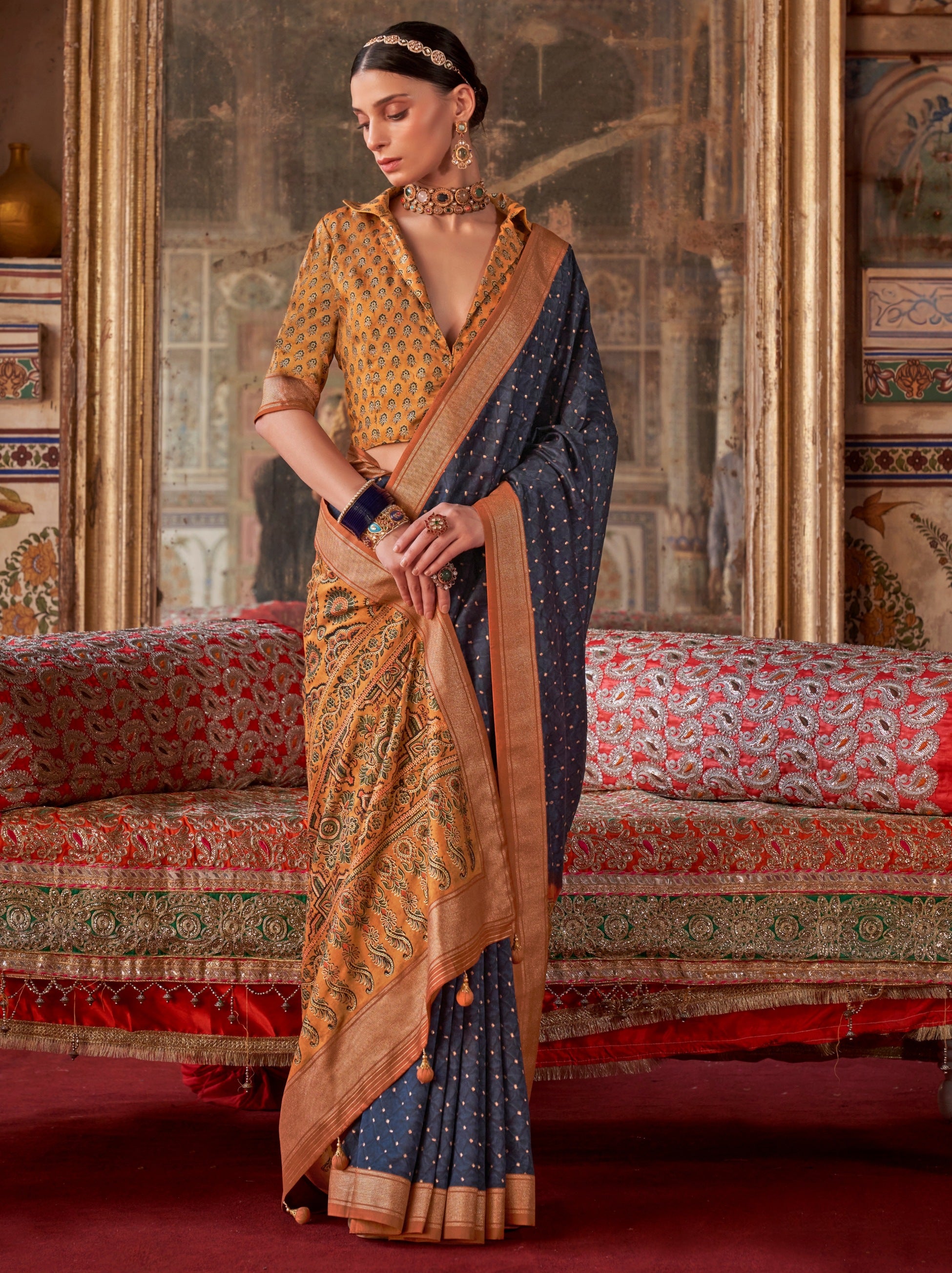 Space Blue Fancy Silk Celebration Saree - TrendOye