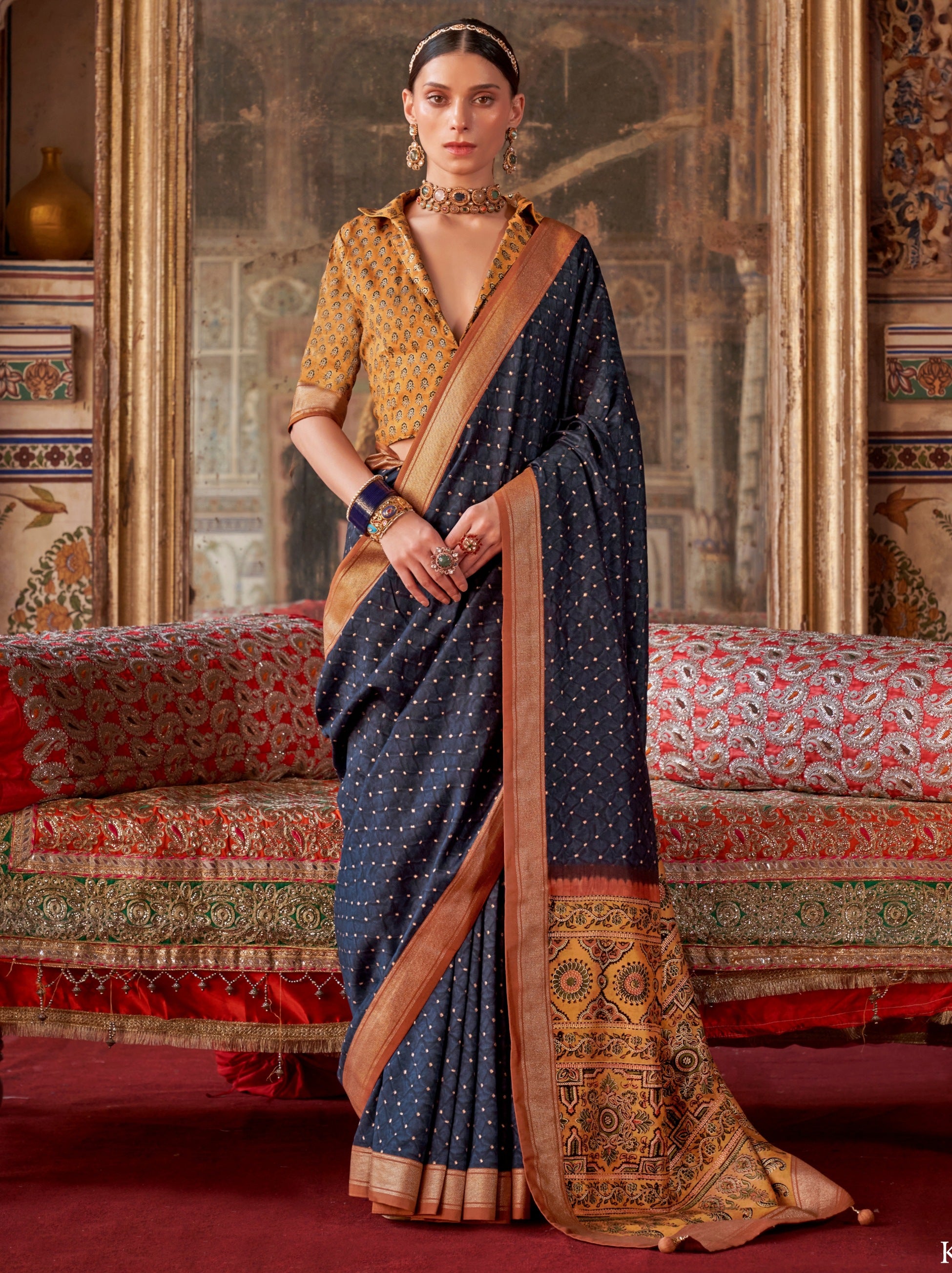 Space Blue Fancy Silk Celebration Saree - TrendOye