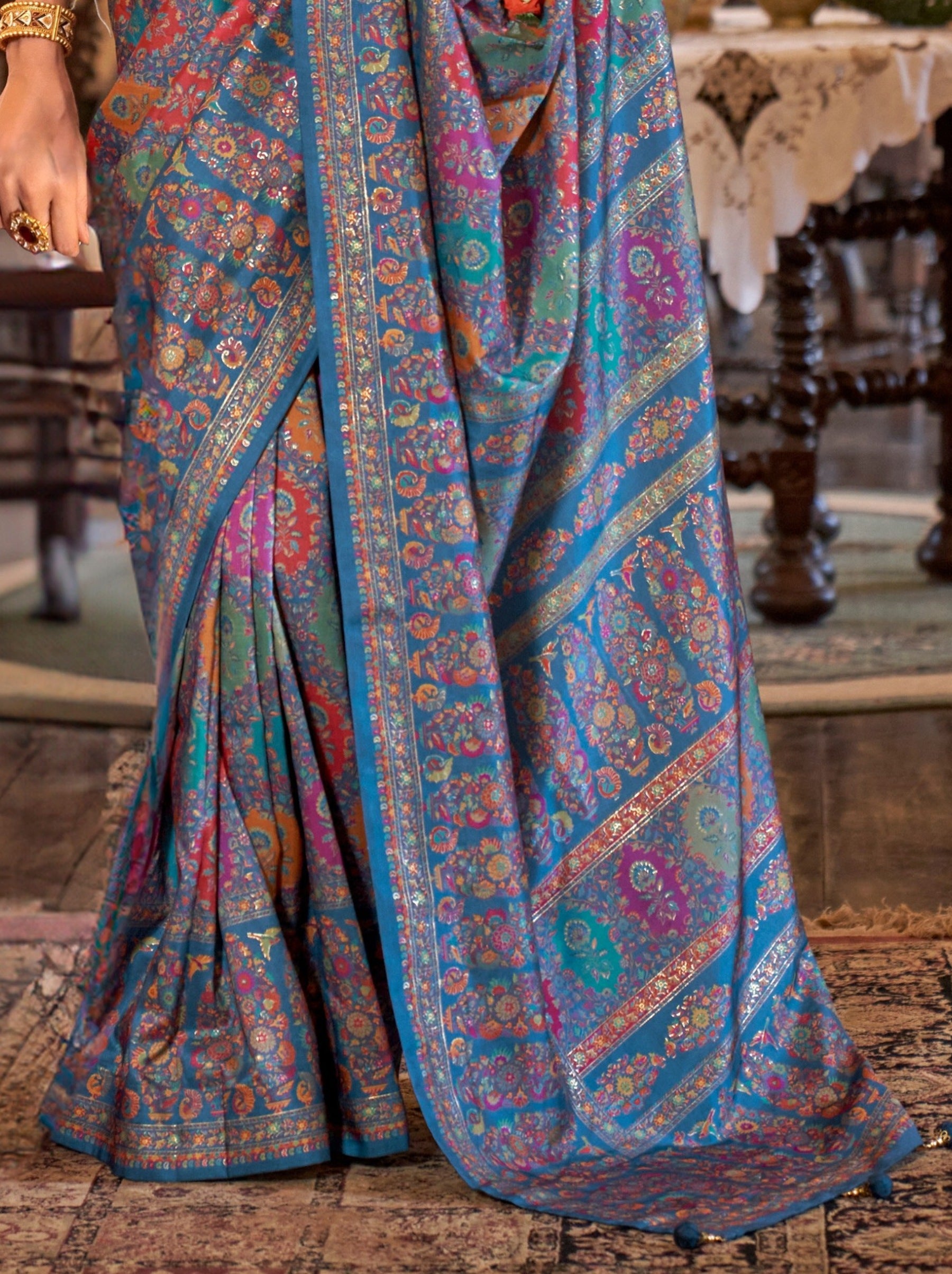 Yale Blue Fancy Silk Party Saree - TrendOye