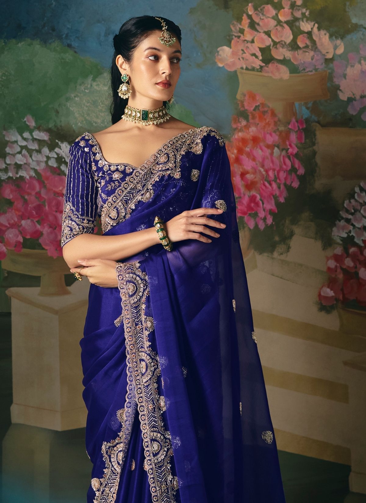 Royal Blue Wedding & Party Fancy Saree With Premium Blouse Piece - TrendOye
