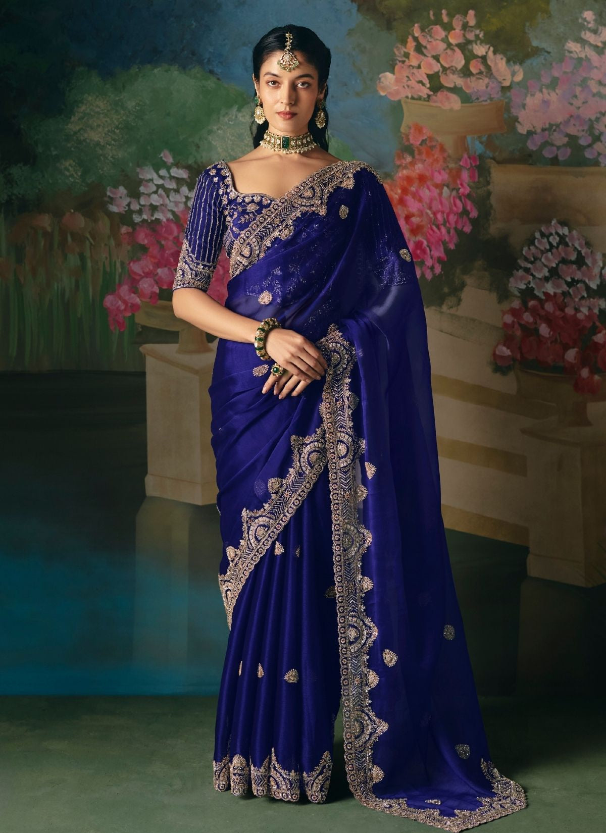 Royal Blue Wedding & Party Fancy Saree With Premium Blouse Piece - TrendOye