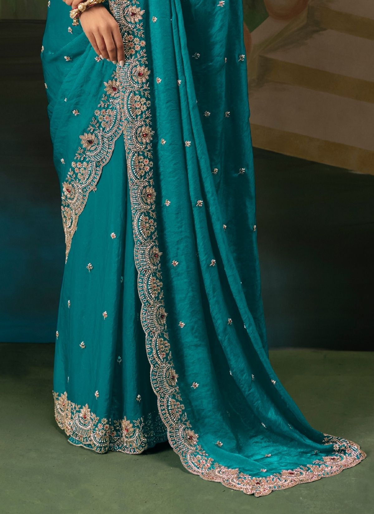 Olympic Blue Wedding & Party Fancy Saree With Premium Blouse Piece - TrendOye