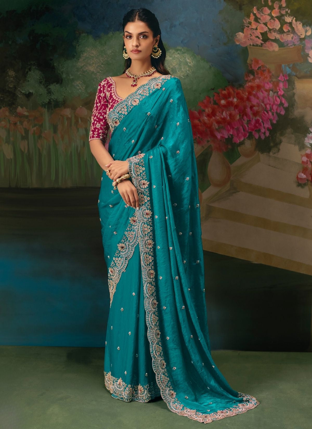 Olympic Blue Wedding & Party Fancy Saree With Premium Blouse Piece - TrendOye
