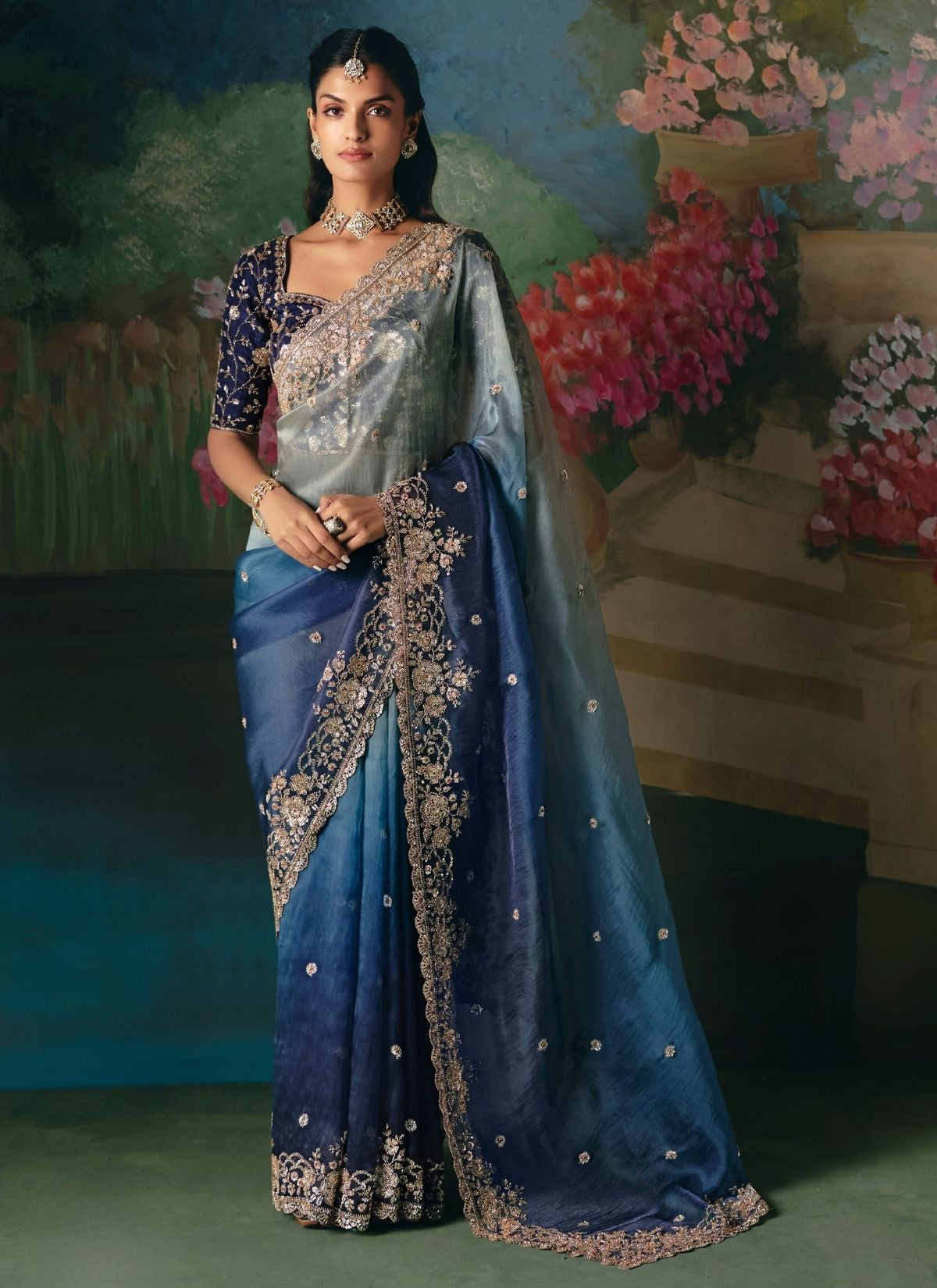 Midnight Ombre Blue Wedding & Party Fancy Saree With Premium Blouse Piece - TrendOye