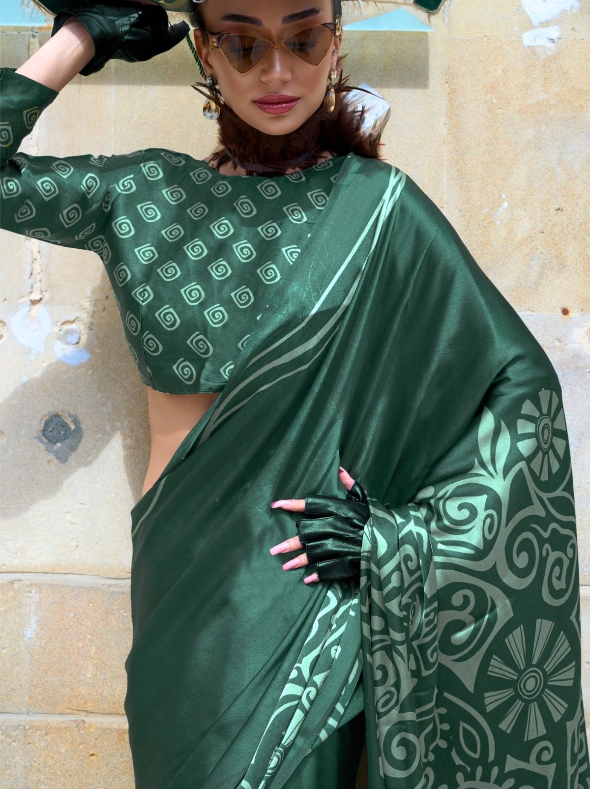 Bottle Green Premium Satin Designer Saree - TrendOye