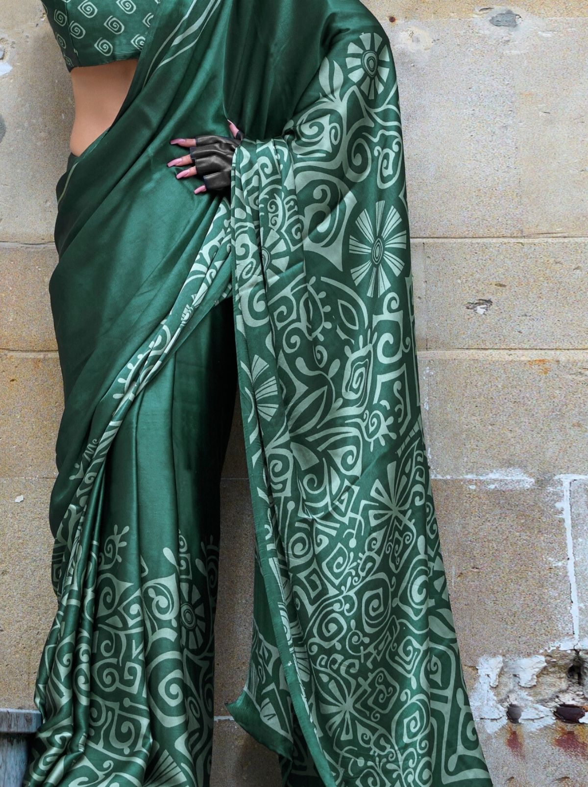 Bottle Green Premium Satin Designer Saree - TrendOye