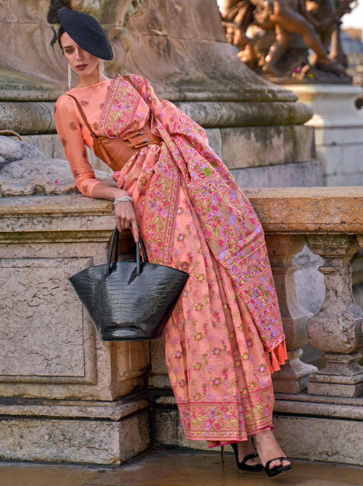 Brick Pink Premium Organza Designer Saree - TrendOye