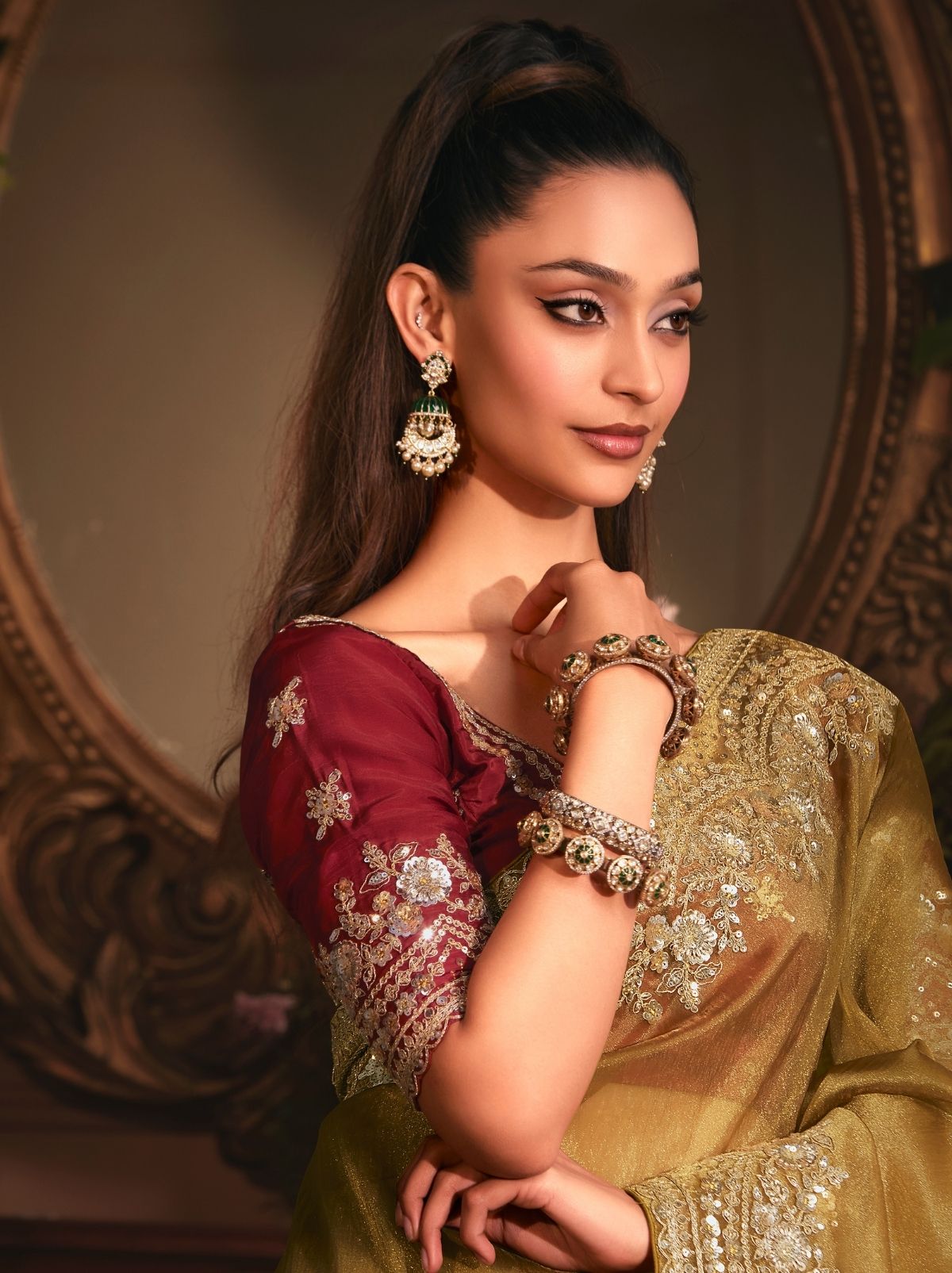 Bronze Designer Tissue Organza Saree with Stone Work