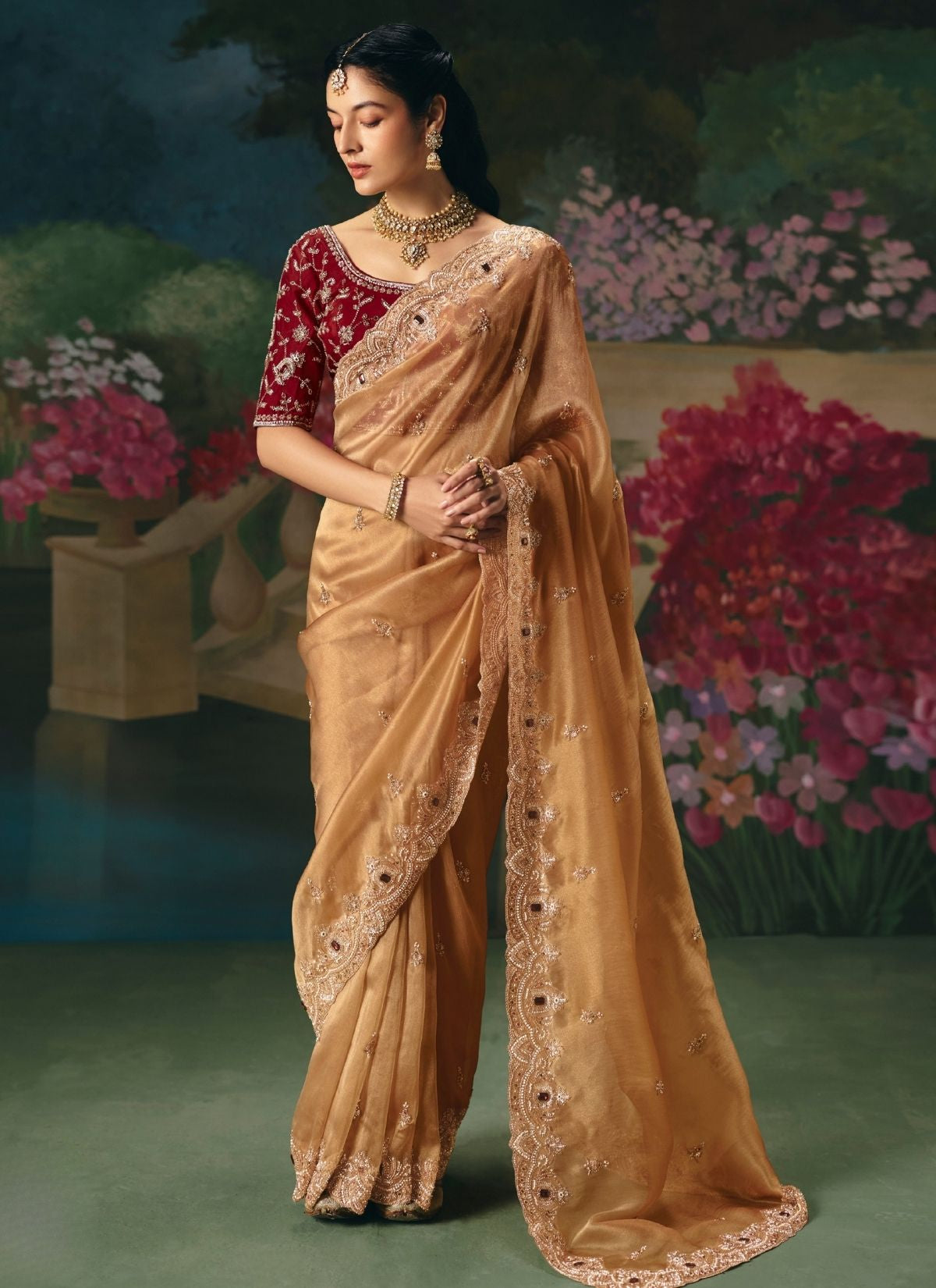 Bronze Wedding & Party Fancy Saree With Premium Blouse Piece - TrendOye