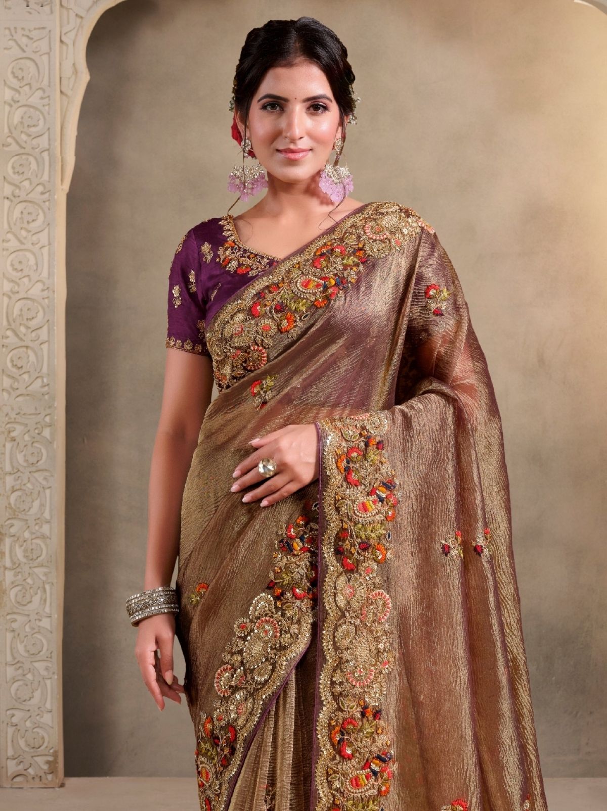 Peanut Brown Banarasi Crush Bridal Saree With Blouse Piece